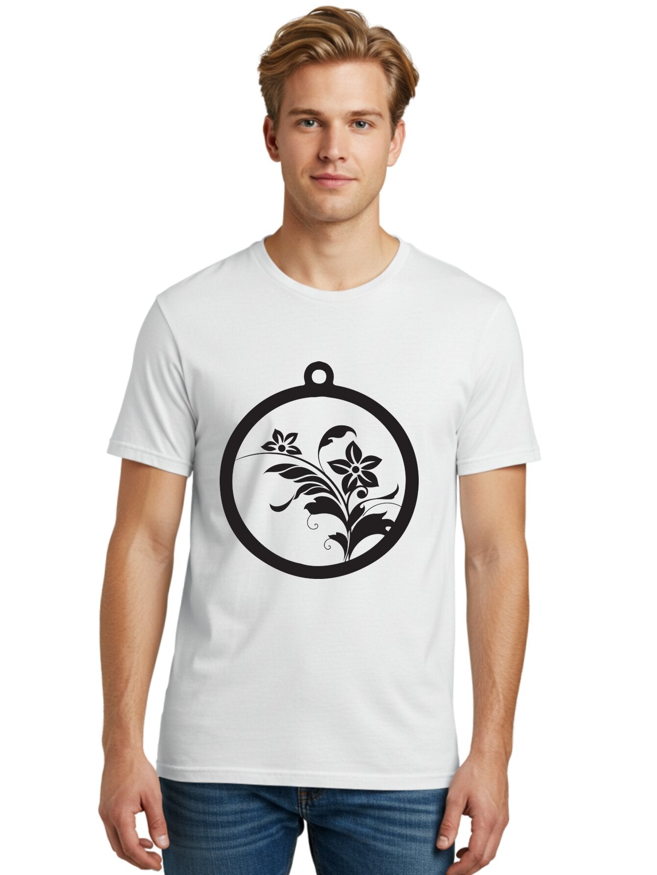 Pendant-With-Flowers Men'S Graphic Tee, 100% Cotton, Comfortable Casual Summer Wear, Machine Washable, Floral Design, Pendant Shape, Circular Frame, Black Silhouette, Stylized Flowers, Leaves, Botanical Art, Jewelry Inspiration, Aad086 26