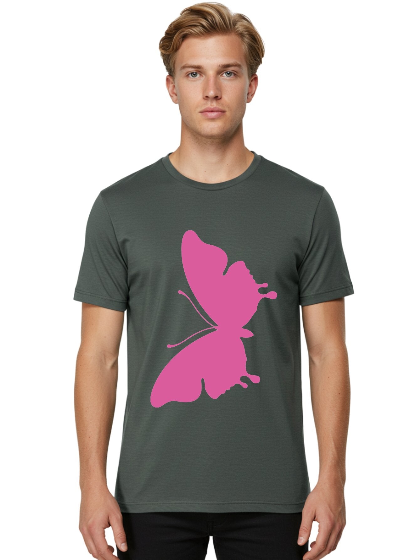 Pink-Butterfly Men'S Graphic Tee, 100% Cotton, Comfortable Casual Summer Wear, Machine Washable, Butterfly Silhouette, Pink Butterfly, Abstract Butterfly, Delicate Wings, Minimalist Design, Vibrant Pink Color, Bold Silhouette, Aad090 26