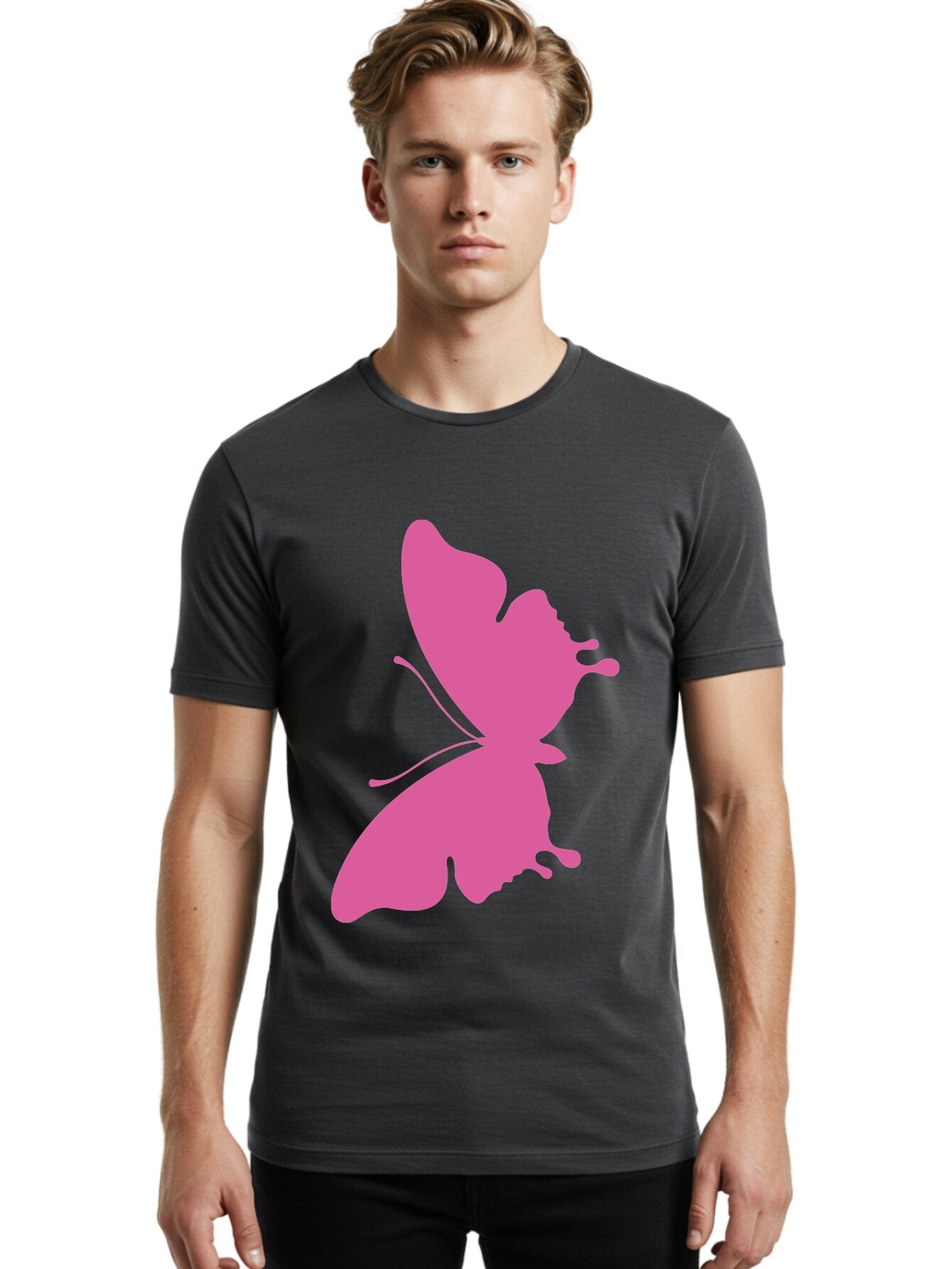 Pink-Butterfly Men'S Graphic Tee, 100% Cotton, Comfortable Casual Summer Wear, Machine Washable, Butterfly Silhouette, Pink Butterfly, Abstract Butterfly, Delicate Wings, Minimalist Design, Vibrant Pink Color, Bold Silhouette, Aad090 20