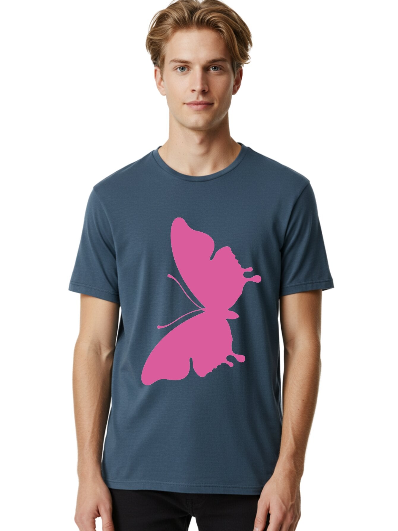 Pink-Butterfly Men'S Graphic Tee, 100% Cotton, Comfortable Casual Summer Wear, Machine Washable, Butterfly Silhouette, Pink Butterfly, Abstract Butterfly, Delicate Wings, Minimalist Design, Vibrant Pink Color, Bold Silhouette, Aad090 30
