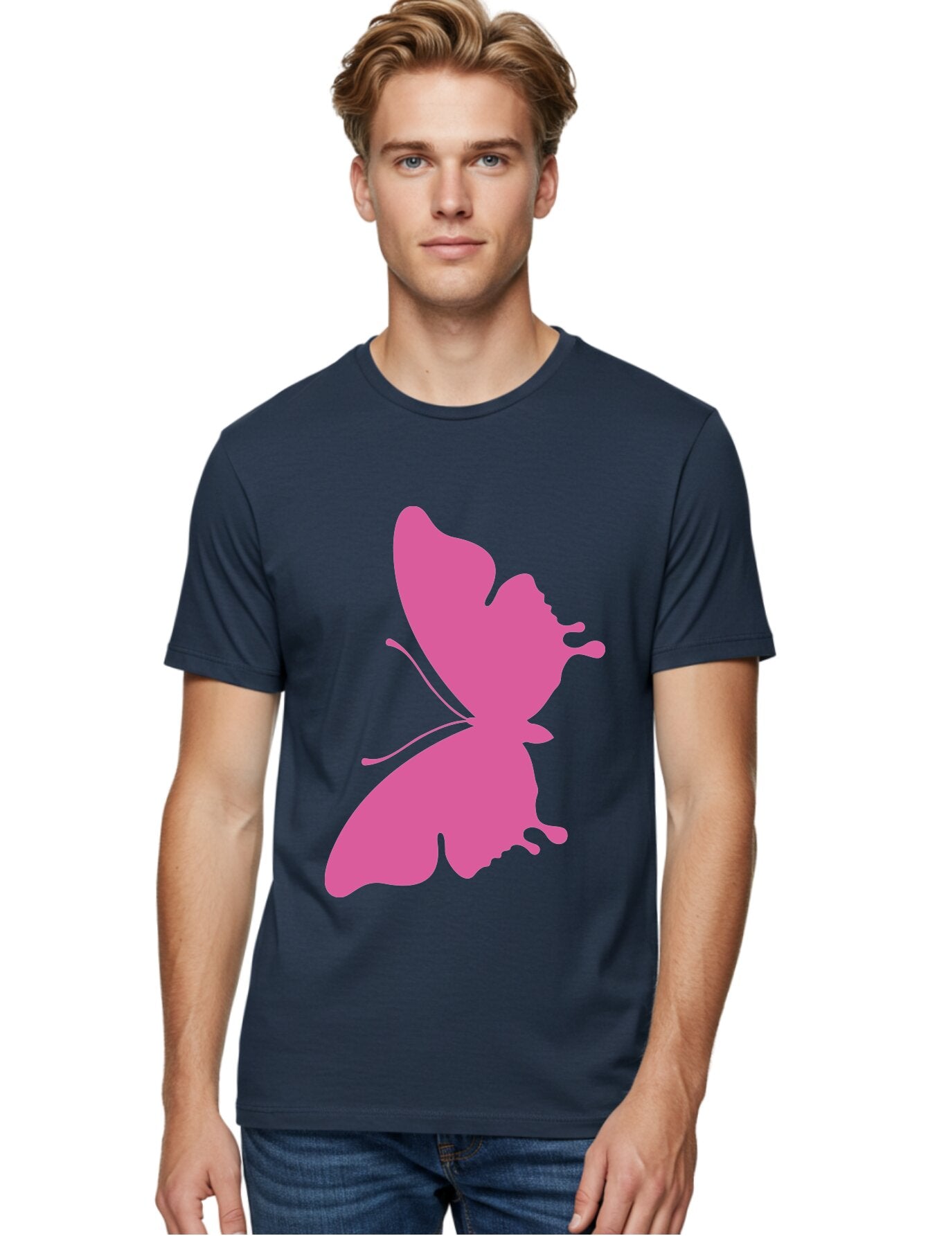 Pink-Butterfly Men'S Graphic Tee, 100% Cotton, Comfortable Casual Summer Wear, Machine Washable, Butterfly Silhouette, Pink Butterfly, Abstract Butterfly, Delicate Wings, Minimalist Design, Vibrant Pink Color, Bold Silhouette, Aad090 27