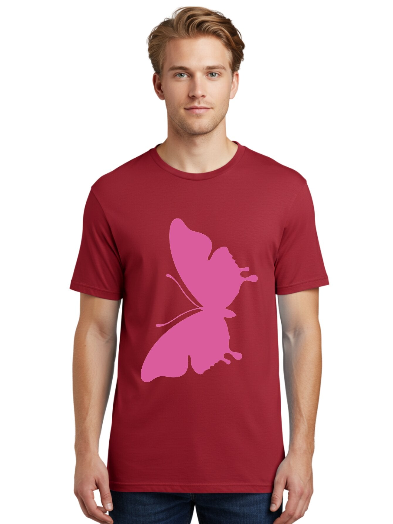 Pink-Butterfly Men'S Graphic Tee, 100% Cotton, Comfortable Casual Summer Wear, Machine Washable, Butterfly Silhouette, Pink Butterfly, Abstract Butterfly, Delicate Wings, Minimalist Design, Vibrant Pink Color, Bold Silhouette, Aad090 21