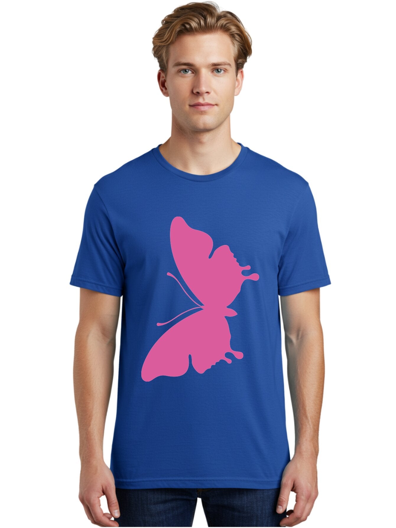 Pink-Butterfly Men'S Graphic Tee, 100% Cotton, Comfortable Casual Summer Wear, Machine Washable, Butterfly Silhouette, Pink Butterfly, Abstract Butterfly, Delicate Wings, Minimalist Design, Vibrant Pink Color, Bold Silhouette, Aad090 16