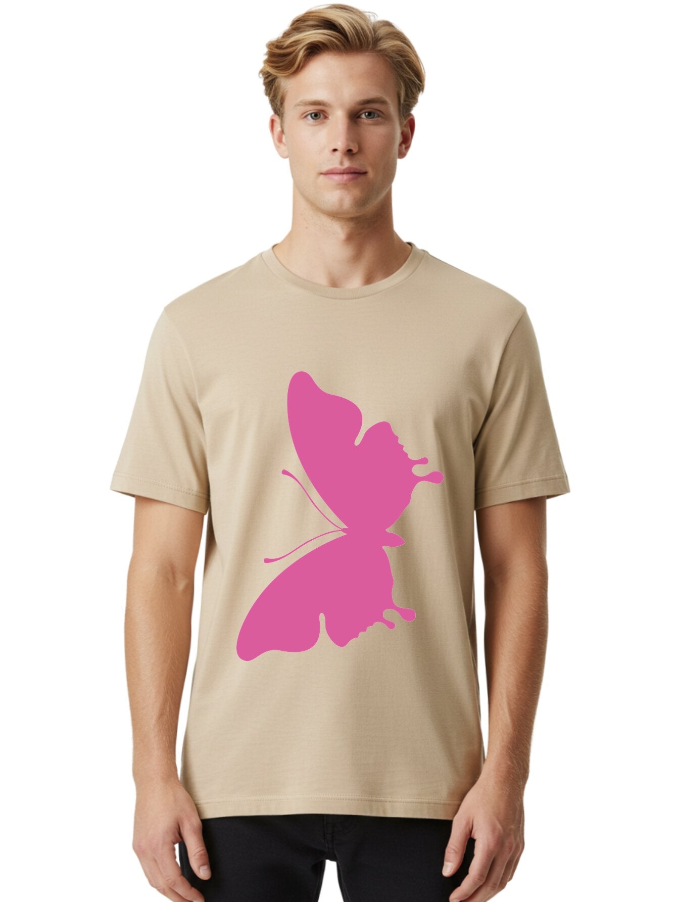 Pink-Butterfly Men'S Graphic Tee, 100% Cotton, Comfortable Casual Summer Wear, Machine Washable, Butterfly Silhouette, Pink Butterfly, Abstract Butterfly, Delicate Wings, Minimalist Design, Vibrant Pink Color, Bold Silhouette, Aad090 23