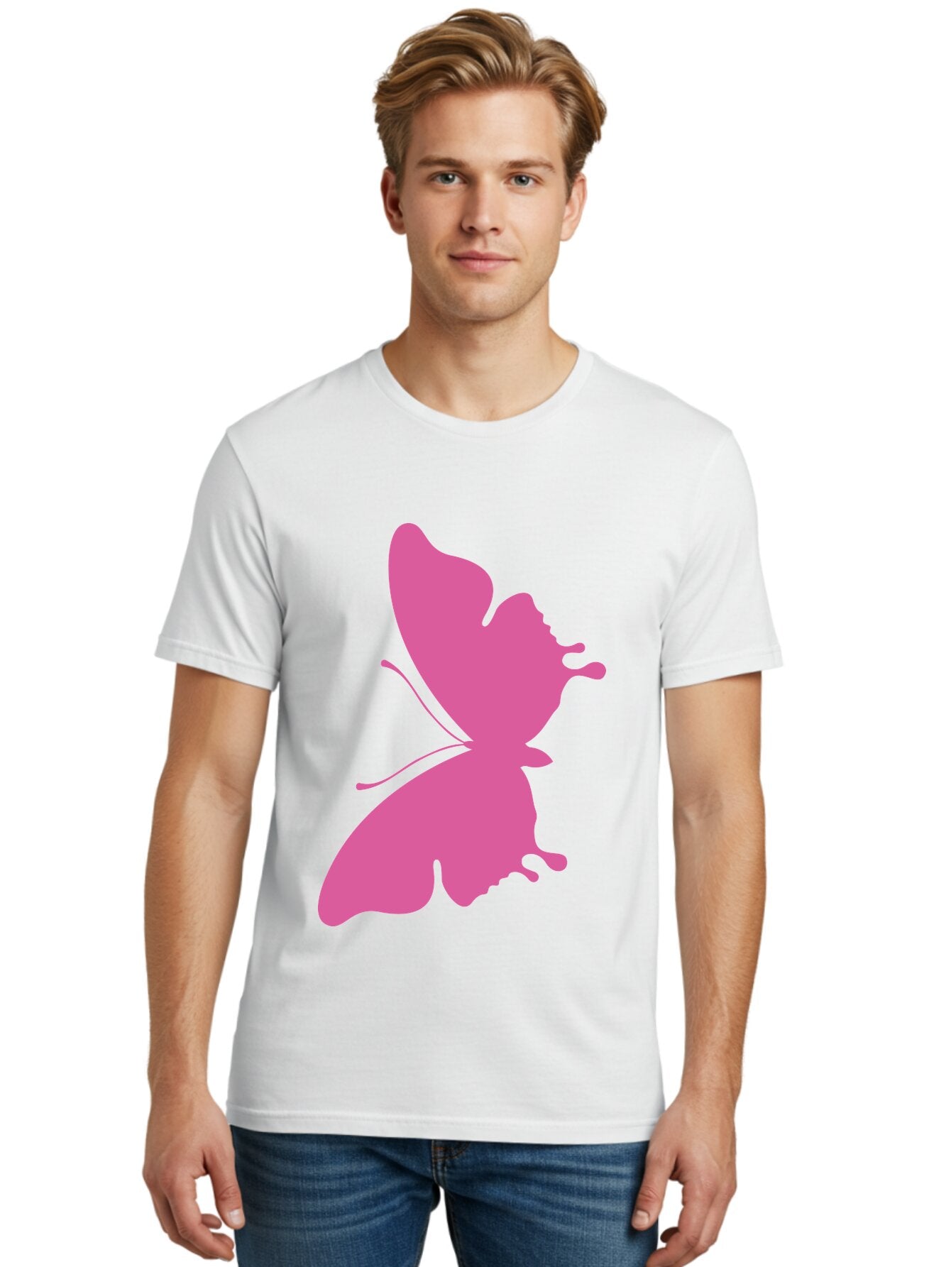 Pink-Butterfly Men'S Graphic Tee, 100% Cotton, Comfortable Casual Summer Wear, Machine Washable, Butterfly Silhouette, Pink Butterfly, Abstract Butterfly, Delicate Wings, Minimalist Design, Vibrant Pink Color, Bold Silhouette, Aad090 25