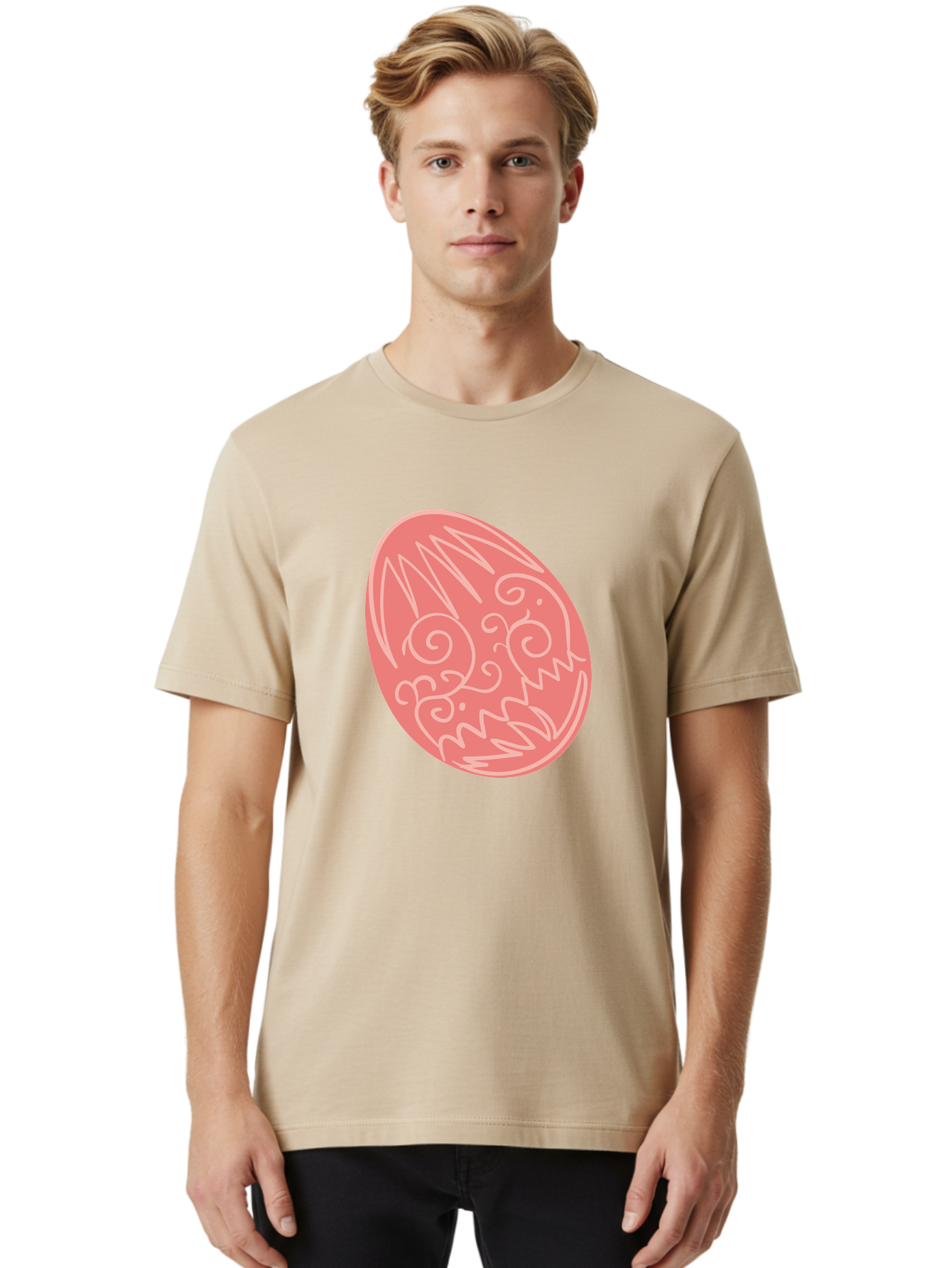 Pink-Dragon-Egg Men'S Graphic Tee, 100% Cotton, Comfortable Casual Summer Wear, Machine Washable, Pink Easter Egg, Dragon Design, White Line Art, Festive Decoration, Spring Celebration, Easter Symbol, Cute Illustration Aad091 28