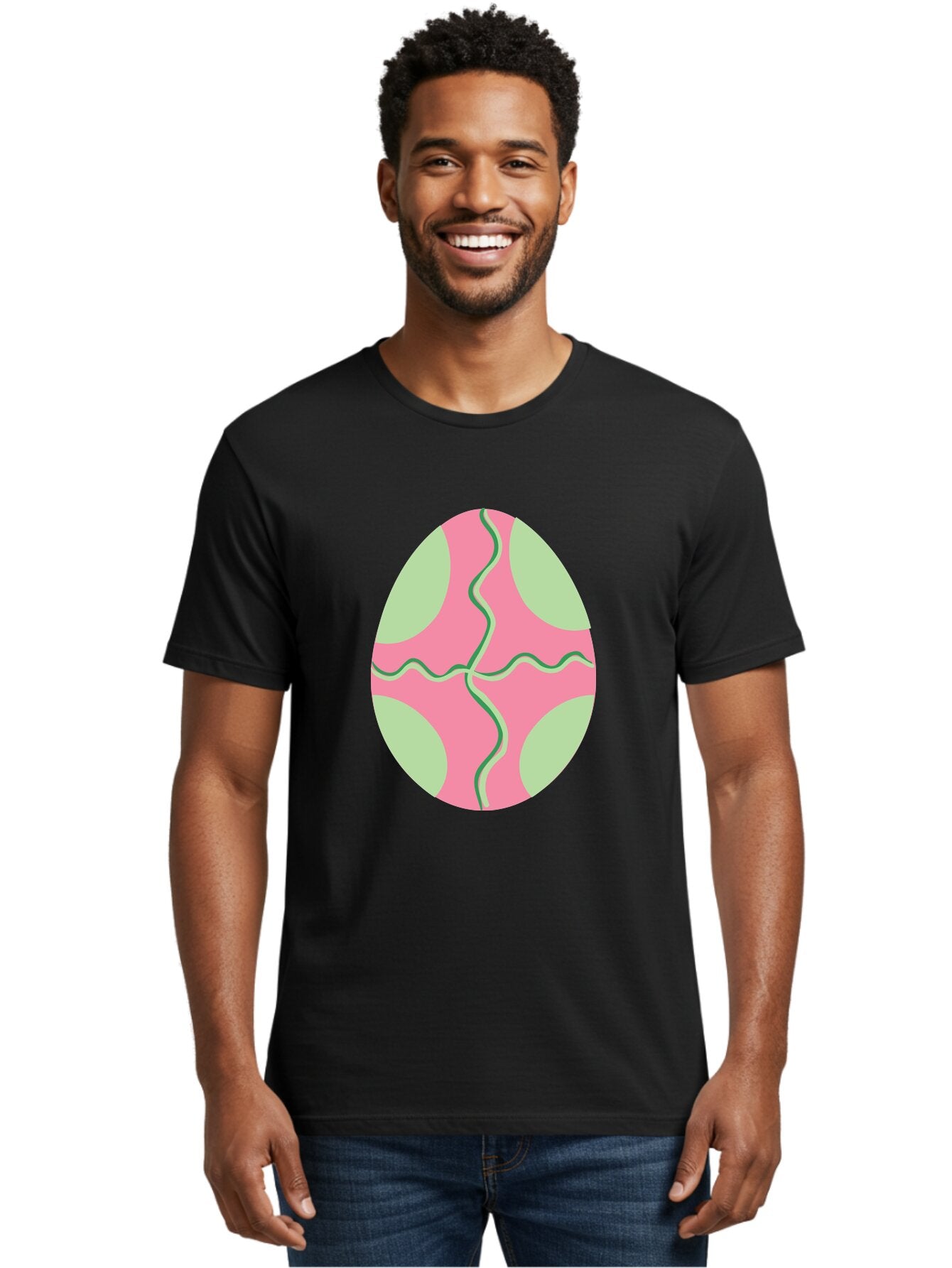 Pink-Easter-Egg Men'S Graphic Tee, 100% Cotton, Comfortable Casual Summer Wear, Machine Washable, Easter Egg Decoration, Cracked Egg Design, Pink And Green Colors, Wavy Crack Lines, Festive Easter Theme, Spring Holiday Symbol Aad093 19
