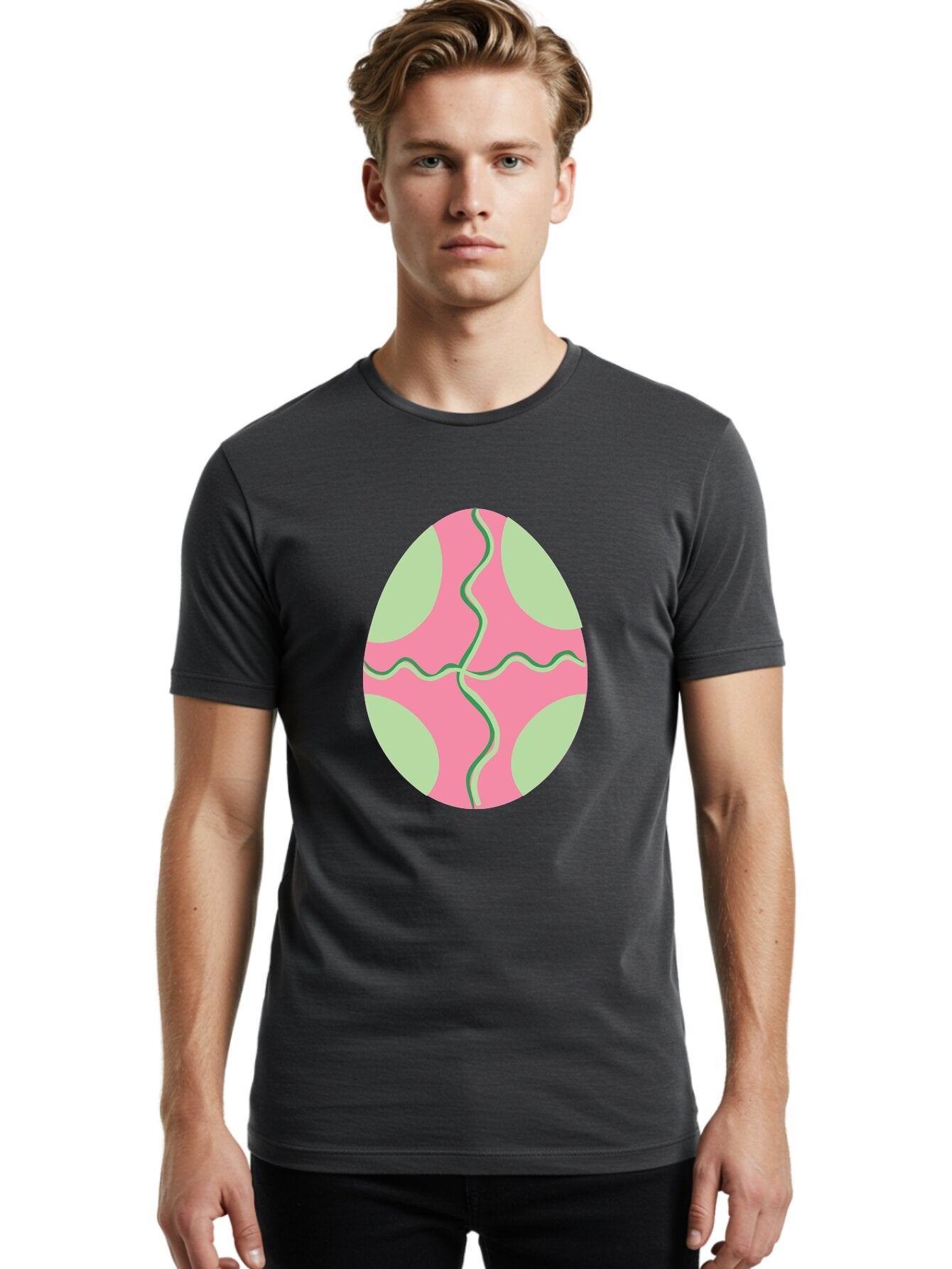 Pink-Easter-Egg Men'S Graphic Tee, 100% Cotton, Comfortable Casual Summer Wear, Machine Washable, Easter Egg Decoration, Cracked Egg Design, Pink And Green Colors, Wavy Crack Lines, Festive Easter Theme, Spring Holiday Symbol Aad093 18