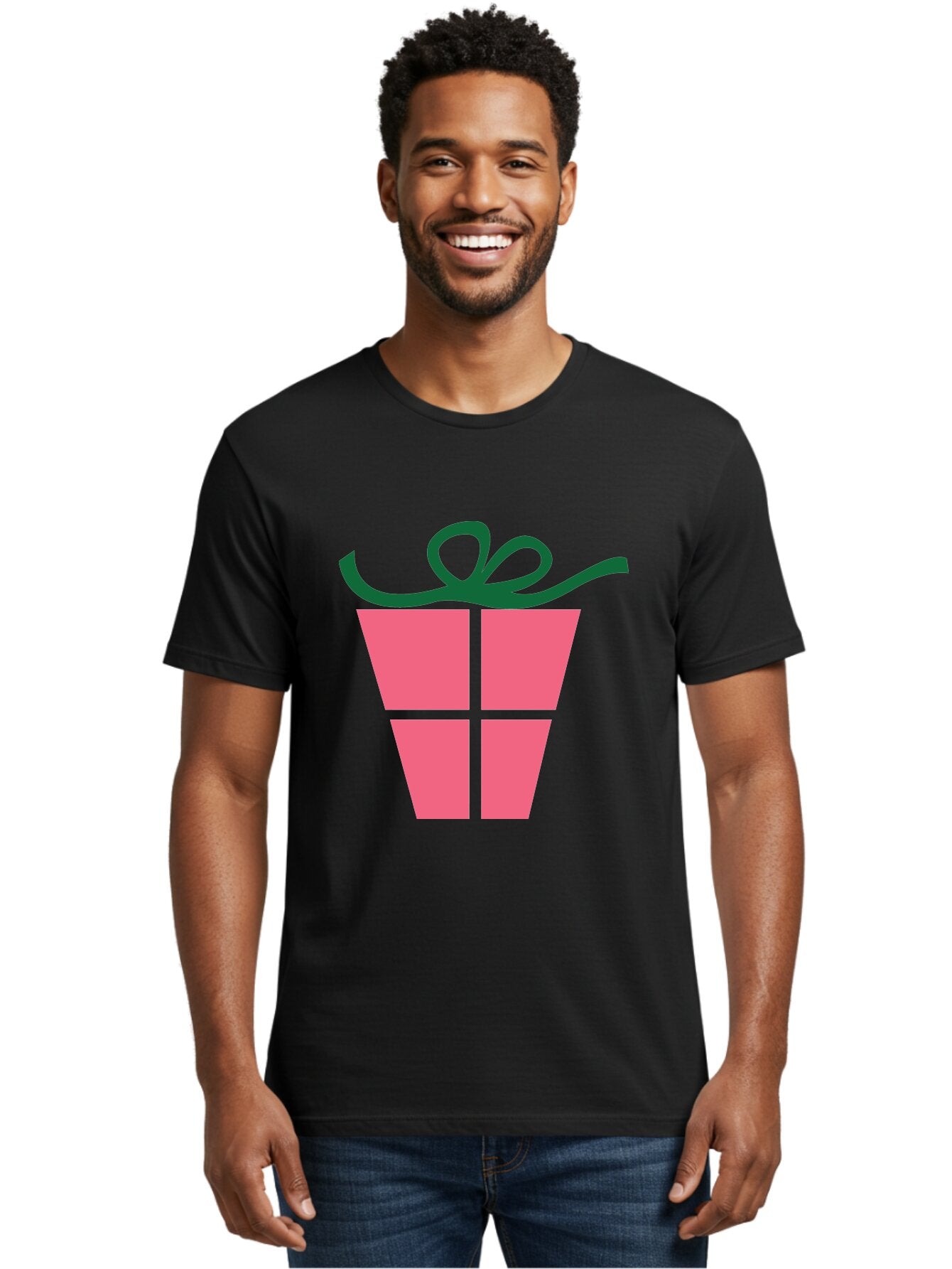 Pink-Gift-Box-With-Ribbon Men'S Graphic Tee, 100% Cotton, Comfortable Casual Summer Wear, Machine Washable, Pink Gift Box, Wrapped Present, Green Ribbon, Festive, Celebration, Party Favor, Gift Giving, Holiday Present Aad094 29
