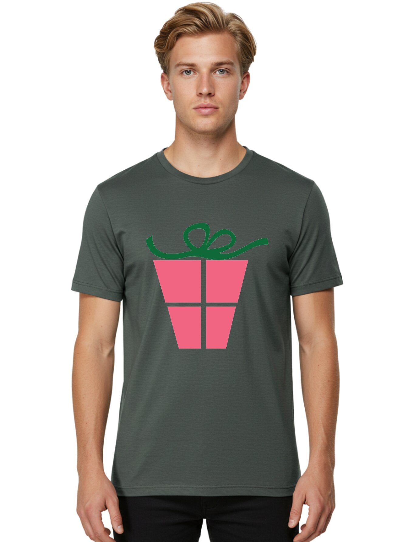 Pink-Gift-Box-With-Ribbon Men'S Graphic Tee, 100% Cotton, Comfortable Casual Summer Wear, Machine Washable, Pink Gift Box, Wrapped Present, Green Ribbon, Festive, Celebration, Party Favor, Gift Giving, Holiday Present Aad094 18