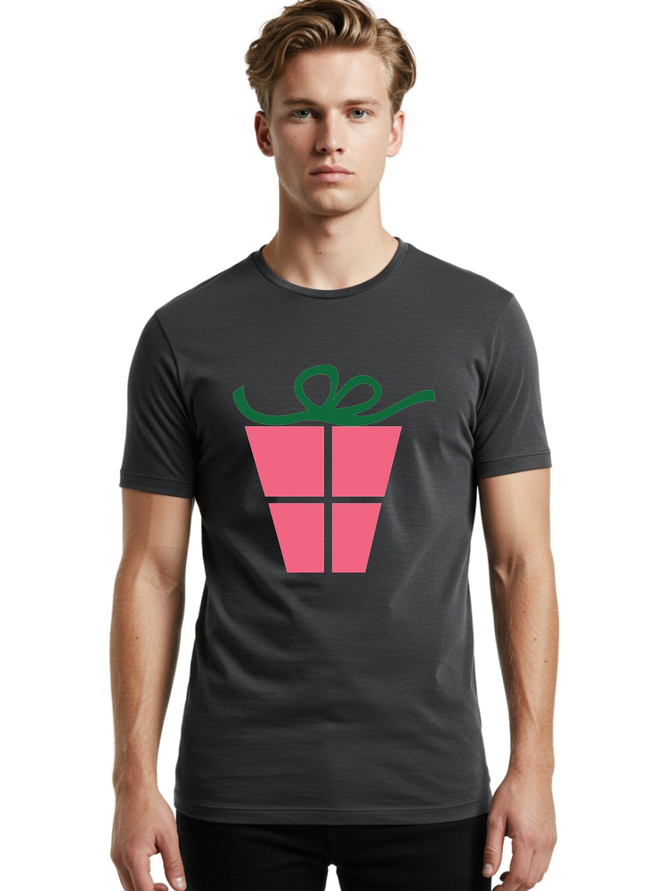 Pink-Gift-Box-With-Ribbon Men'S Graphic Tee, 100% Cotton, Comfortable Casual Summer Wear, Machine Washable, Pink Gift Box, Wrapped Present, Green Ribbon, Festive, Celebration, Party Favor, Gift Giving, Holiday Present Aad094 24