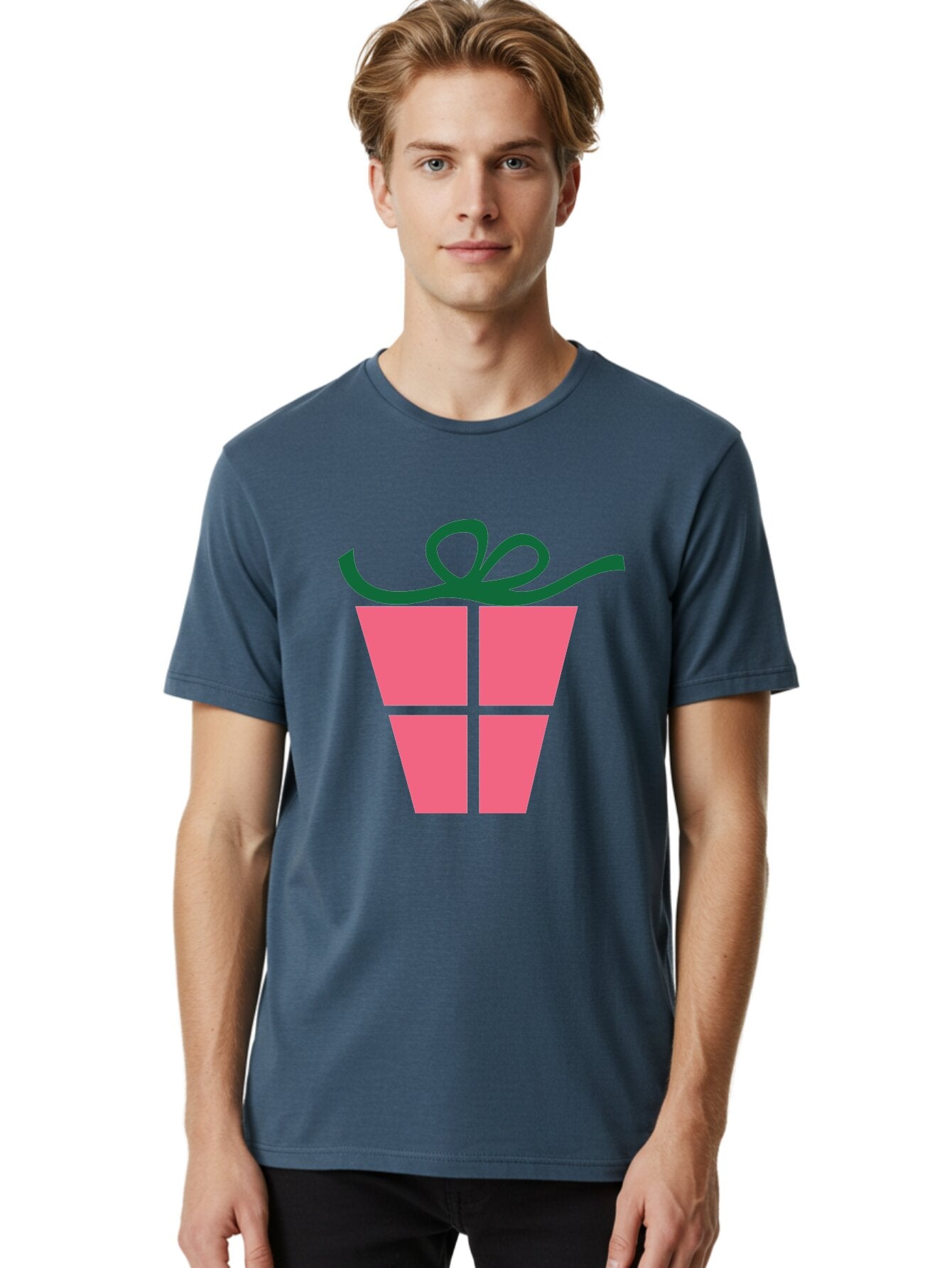Pink-Gift-Box-With-Ribbon Men'S Graphic Tee, 100% Cotton, Comfortable Casual Summer Wear, Machine Washable, Pink Gift Box, Wrapped Present, Green Ribbon, Festive, Celebration, Party Favor, Gift Giving, Holiday Present Aad094 23