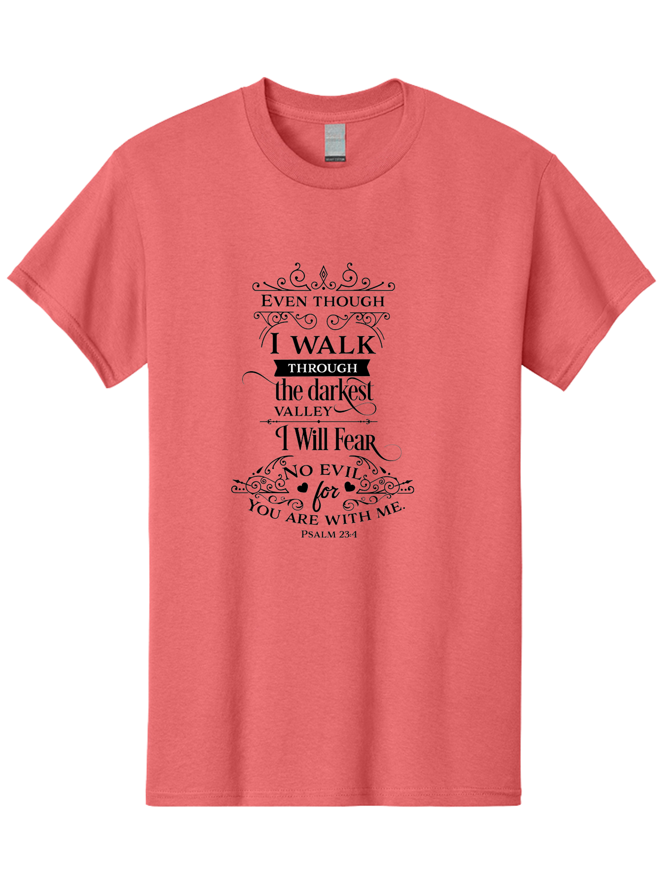 Psalm-23-4 Men'S Graphic Tee, 100% Cotton, Comfortable Casual Summer Wear, Machine Washable, Inspirational Quote, Psalm 23:4, Faith-Based Design, Dark Valley, Fearless Journey, Divine Presence, Ornate Typography, Heart Symbols, Scripture Art, Aad106 29