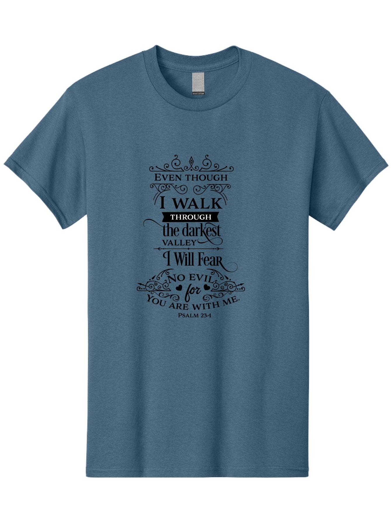 Psalm-23-4 Men'S Graphic Tee, 100% Cotton, Comfortable Casual Summer Wear, Machine Washable, Inspirational Quote, Psalm 23:4, Faith-Based Design, Dark Valley, Fearless Journey, Divine Presence, Ornate Typography, Heart Symbols, Scripture Art, Aad106 10