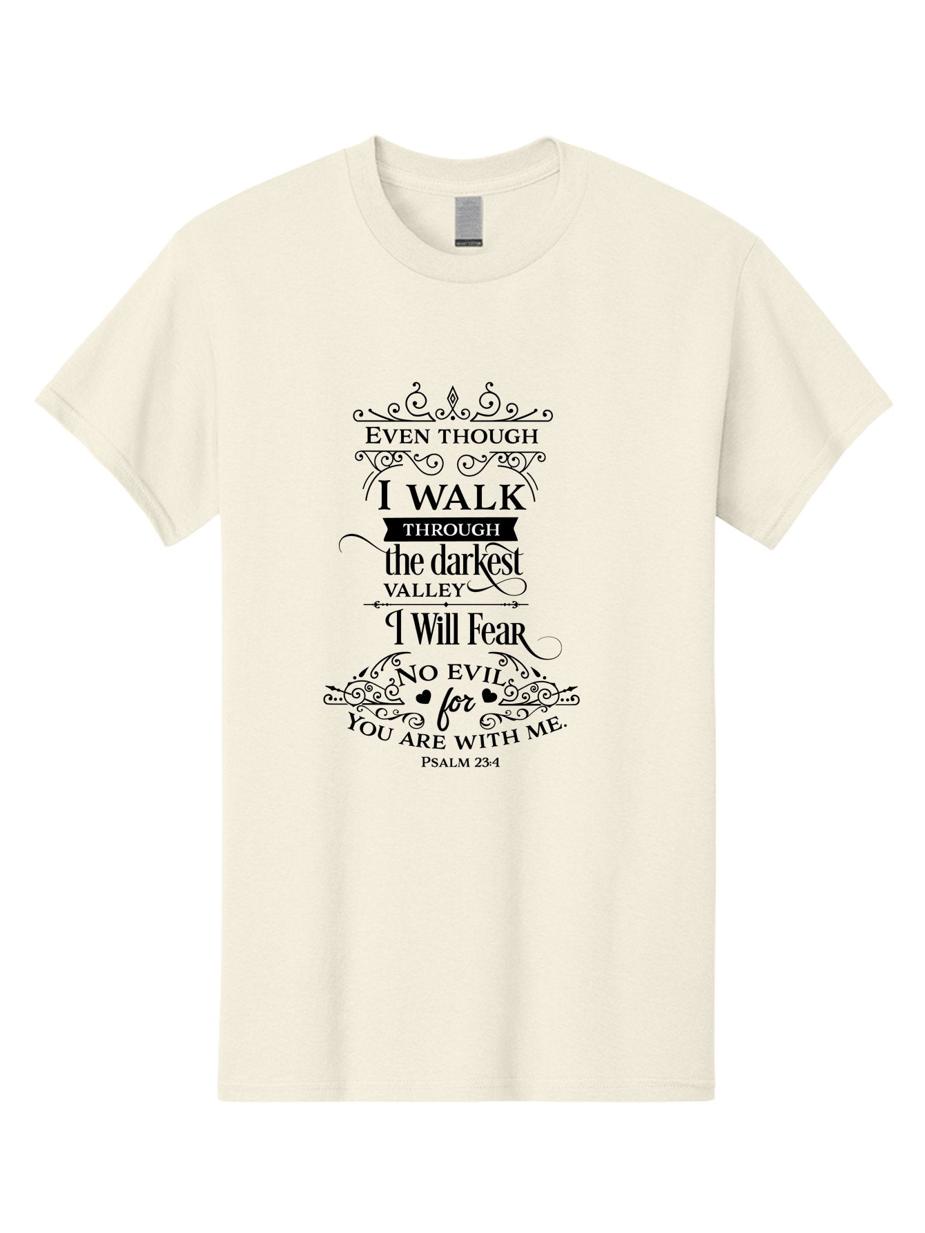 Psalm-23-4 Men'S Graphic Tee, 100% Cotton, Comfortable Casual Summer Wear, Machine Washable, Inspirational Quote, Psalm 23:4, Faith-Based Design, Dark Valley, Fearless Journey, Divine Presence, Ornate Typography, Heart Symbols, Scripture Art, Aad106 9