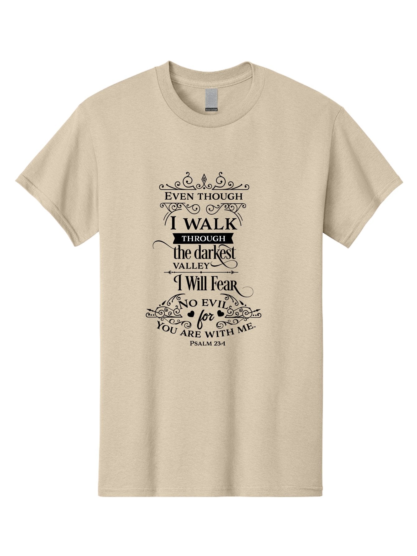 Psalm-23-4 Men'S Graphic Tee, 100% Cotton, Comfortable Casual Summer Wear, Machine Washable, Inspirational Quote, Psalm 23:4, Faith-Based Design, Dark Valley, Fearless Journey, Divine Presence, Ornate Typography, Heart Symbols, Scripture Art, Aad106 6