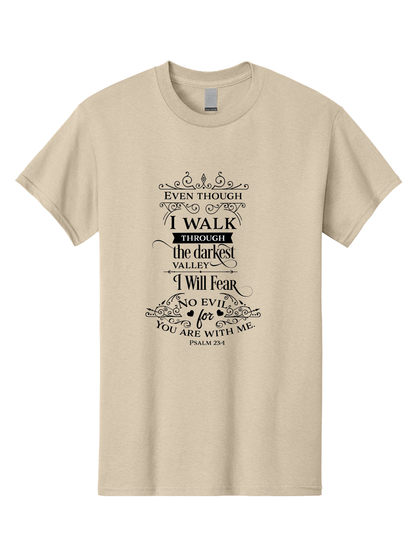 Psalm-23-4 Men'S Graphic Tee, 100% Cotton, Comfortable Casual Summer Wear, Machine Washable, Inspirational Quote, Psalm 23:4, Faith-Based Design, Dark Valley, Fearless Journey, Divine Presence, Ornate Typography, Heart Symbols, Scripture Art, Aad106 13