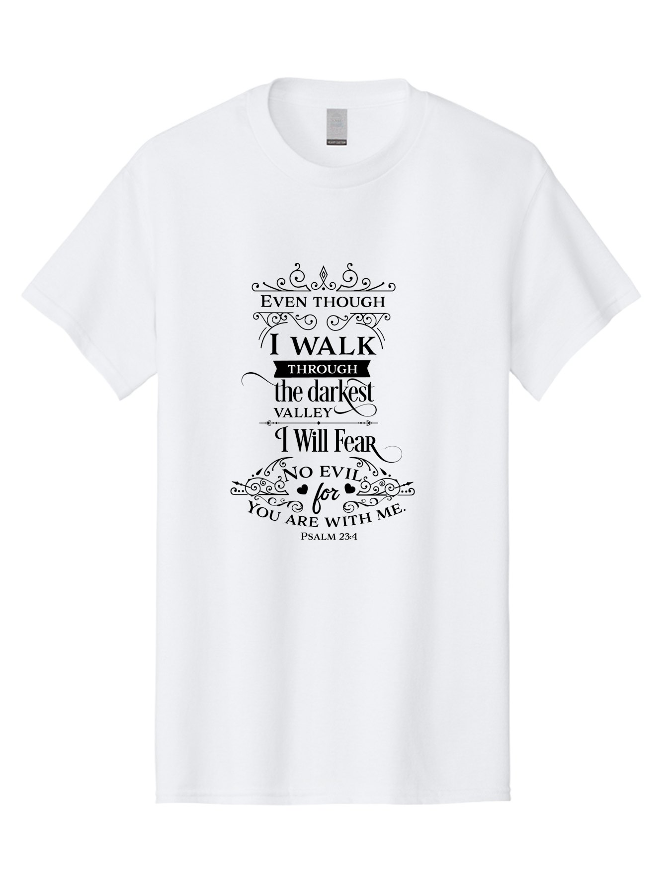 Psalm-23-4 Men'S Graphic Tee, 100% Cotton, Comfortable Casual Summer Wear, Machine Washable, Inspirational Quote, Psalm 23:4, Faith-Based Design, Dark Valley, Fearless Journey, Divine Presence, Ornate Typography, Heart Symbols, Scripture Art, Aad106 3