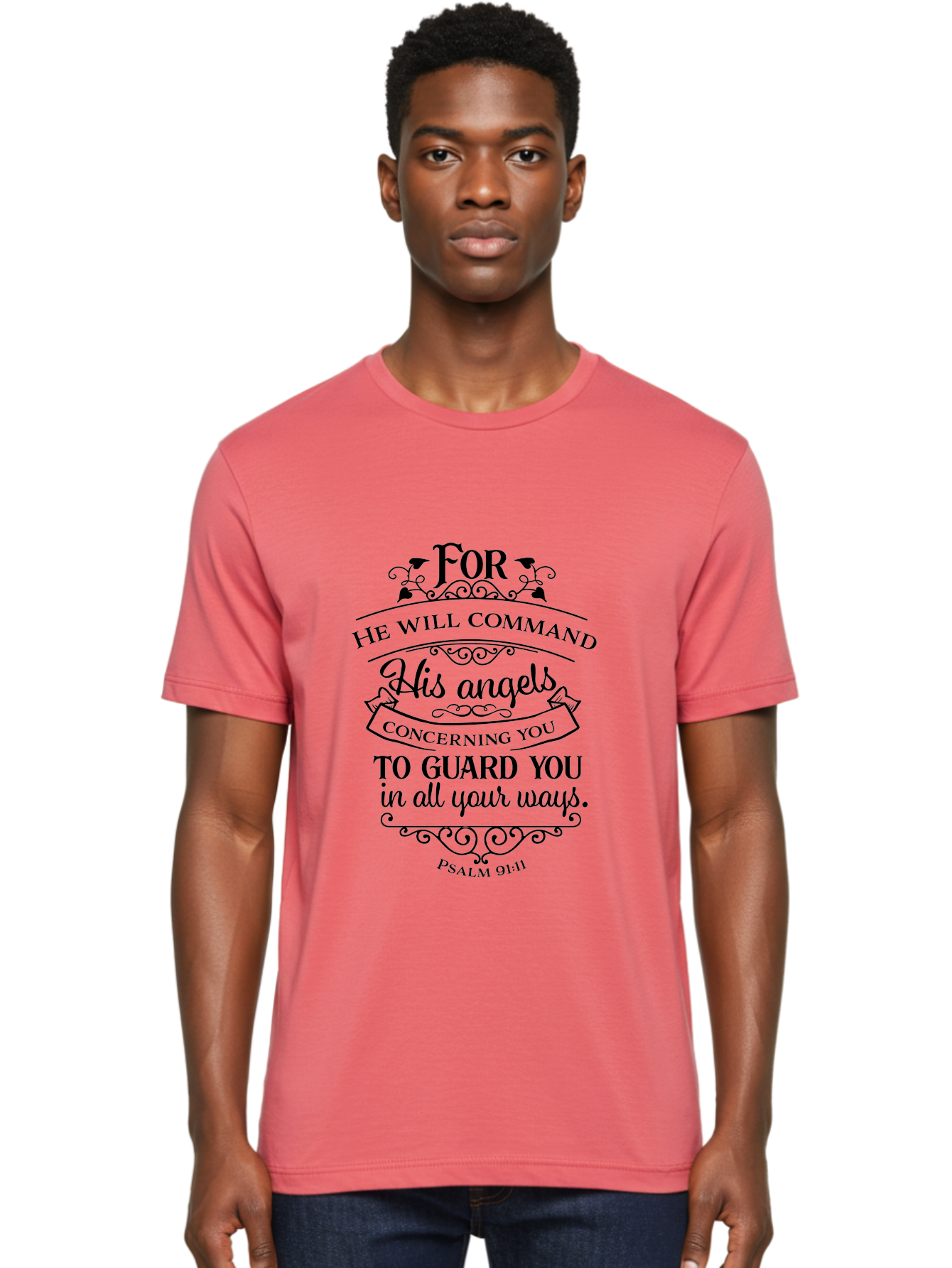 Psalm-91-11 Men'S Graphic Tee, 100% Cotton, Comfortable Casual Summer Wear, Machine Washable, Inspirational Quote, Christian Message, Bible Verse, Psalm 91:11, Spiritual Guidance, Faith-Based Art, Angelic Protection Aad107 28