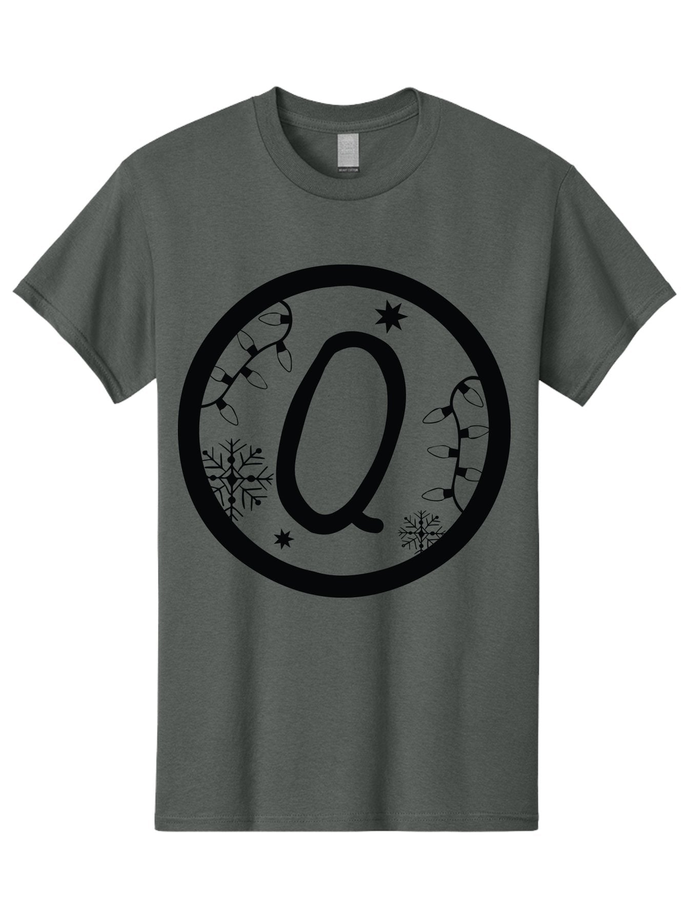Q Men'S Graphic Tee, 100% Cotton, Comfortable Casual Summer Wear, Machine Washable, Christmas Decorations, Holiday Lights, Festive Snowflakes, Winter Wonderland, Black And Green Theme, Letter Q, Christmas Ornaments, Seasonal Design Aad111 14