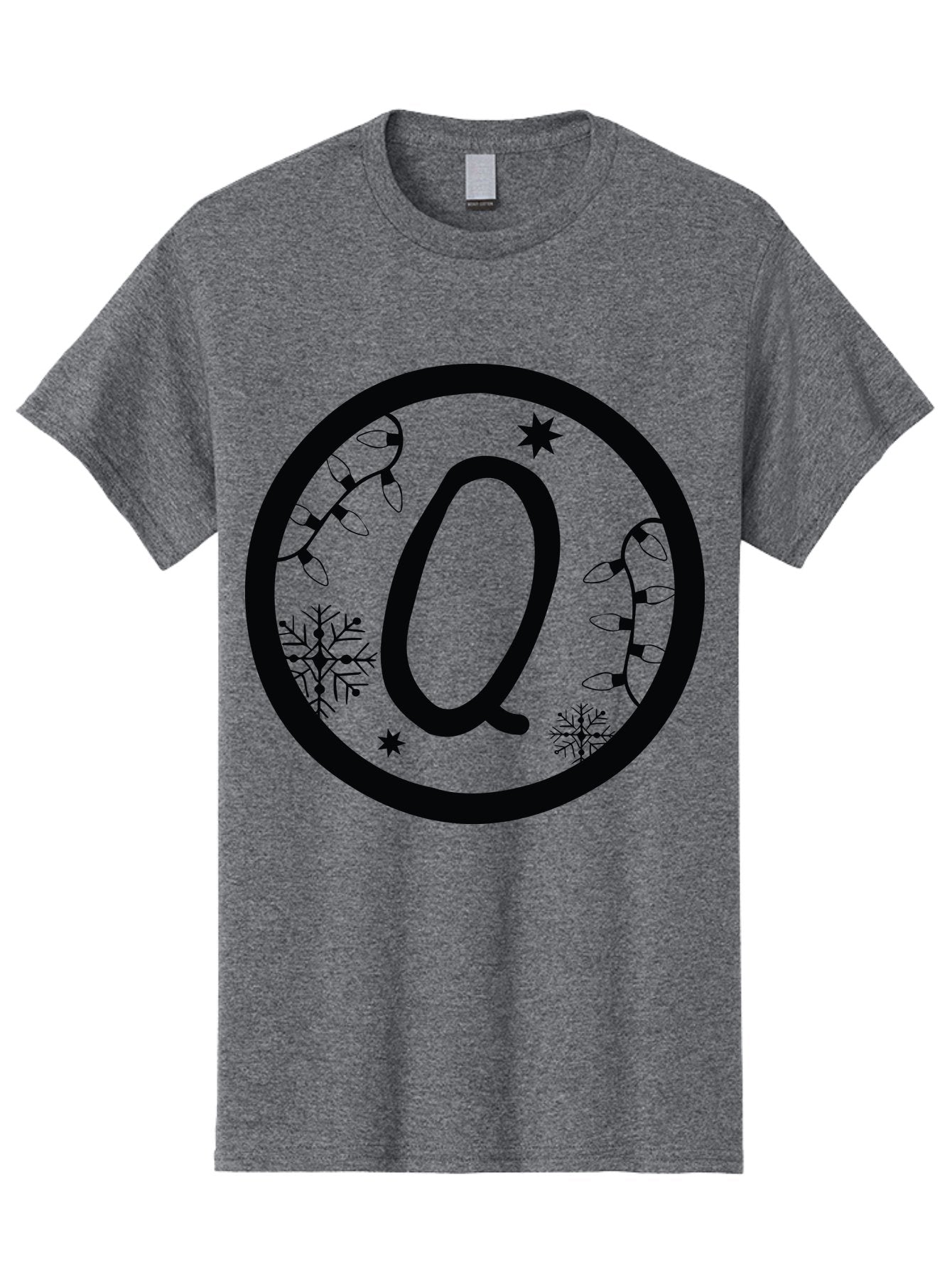 Q Men'S Graphic Tee, 100% Cotton, Comfortable Casual Summer Wear, Machine Washable, Christmas Decorations, Holiday Lights, Festive Snowflakes, Winter Wonderland, Black And Green Theme, Letter Q, Christmas Ornaments, Seasonal Design Aad111 15