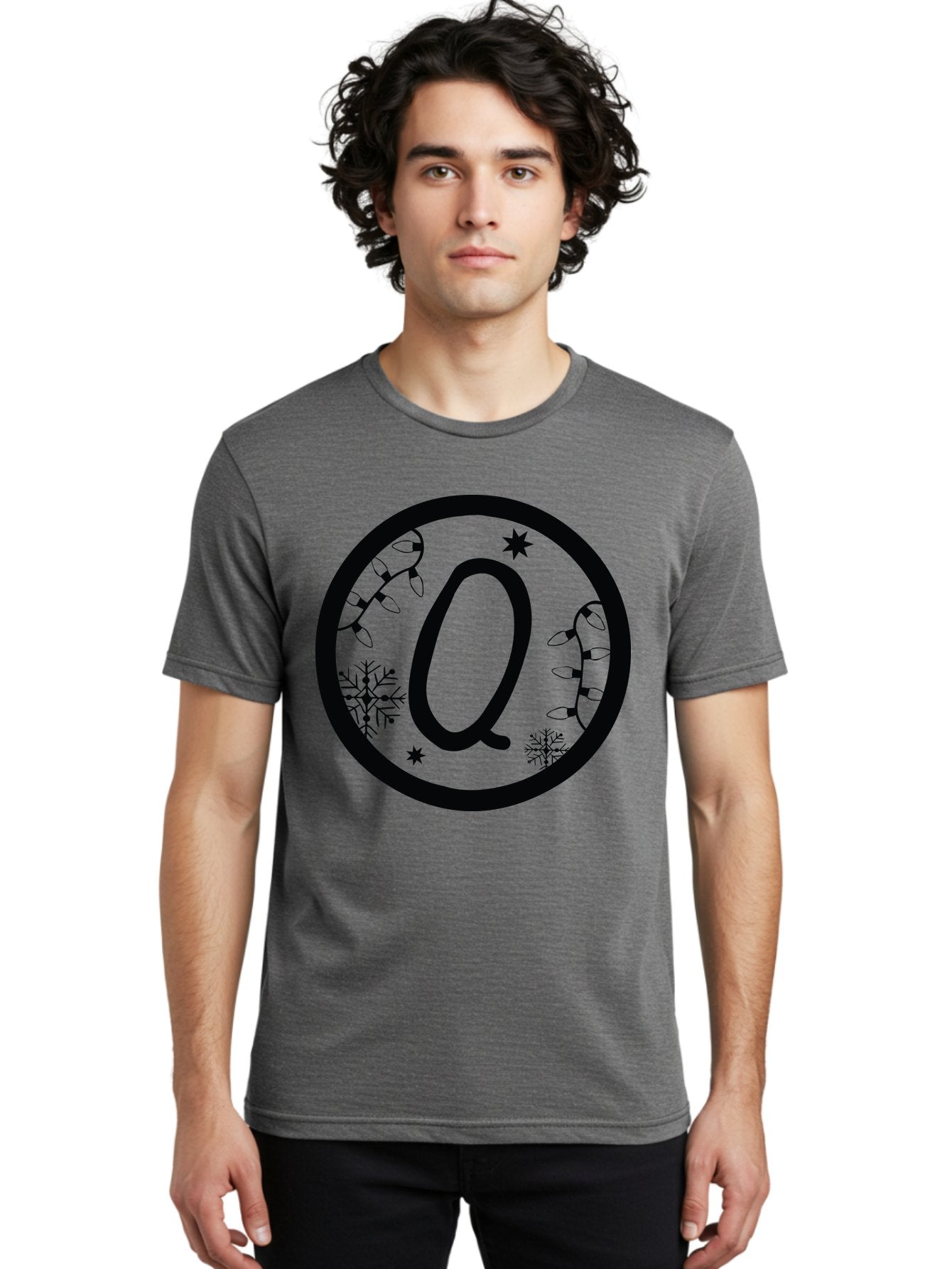 Q Men'S Graphic Tee, 100% Cotton, Comfortable Casual Summer Wear, Machine Washable, Christmas Decorations, Holiday Lights, Festive Snowflakes, Winter Wonderland, Black And Green Theme, Letter Q, Christmas Ornaments, Seasonal Design Aad111 30