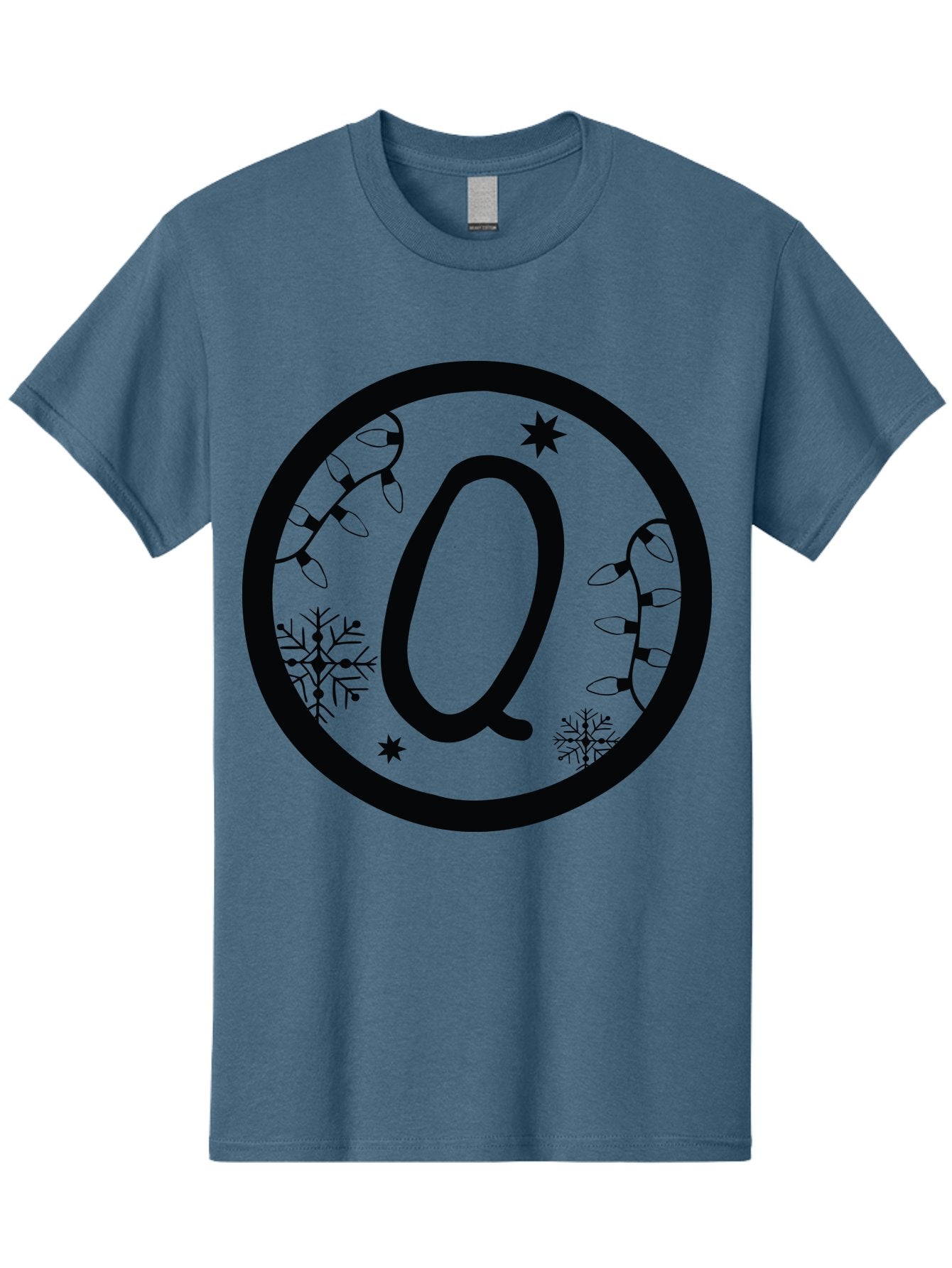 Q Men'S Graphic Tee, 100% Cotton, Comfortable Casual Summer Wear, Machine Washable, Christmas Decorations, Holiday Lights, Festive Snowflakes, Winter Wonderland, Black And Green Theme, Letter Q, Christmas Ornaments, Seasonal Design Aad111 4