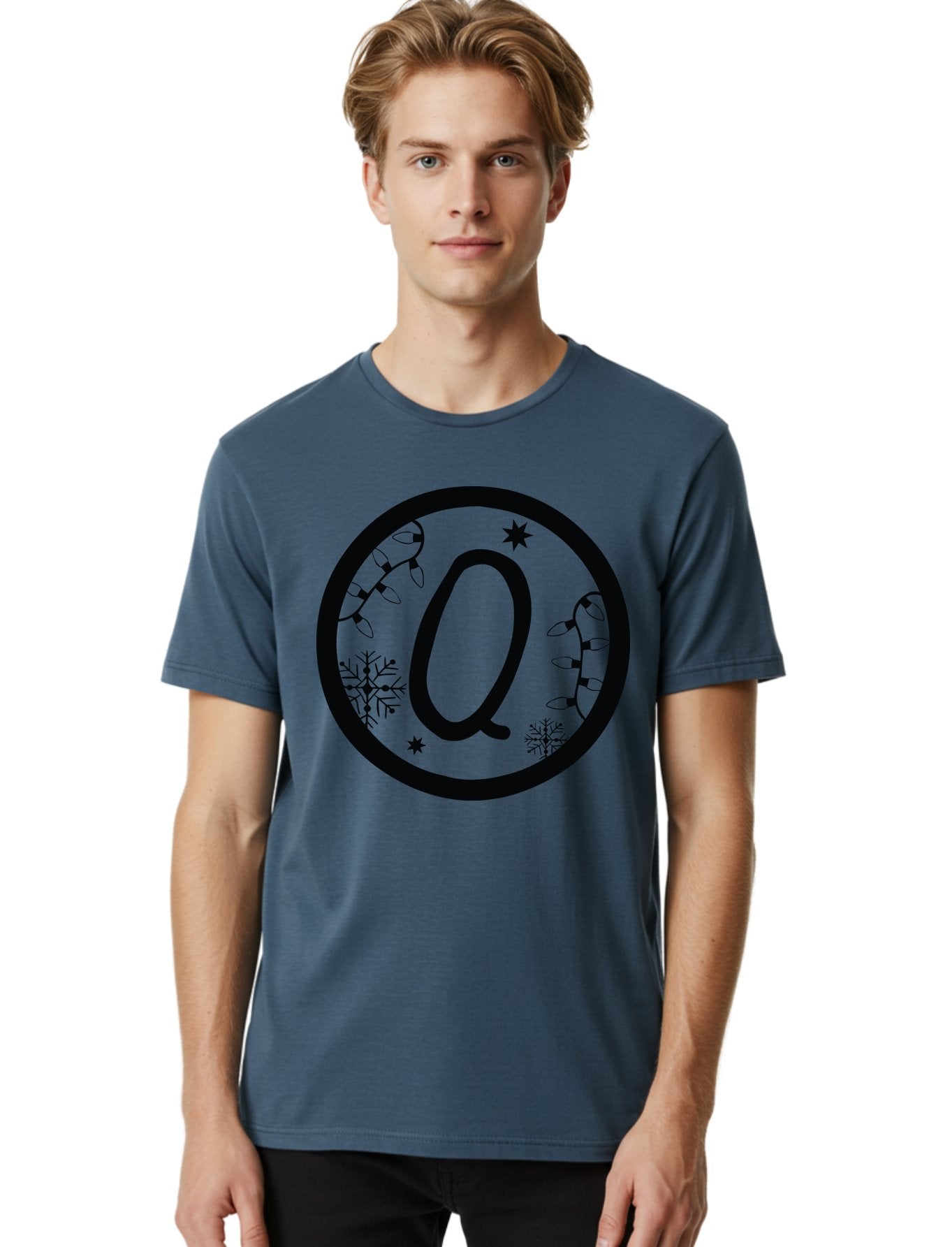 Q Men'S Graphic Tee, 100% Cotton, Comfortable Casual Summer Wear, Machine Washable, Christmas Decorations, Holiday Lights, Festive Snowflakes, Winter Wonderland, Black And Green Theme, Letter Q, Christmas Ornaments, Seasonal Design Aad111 18