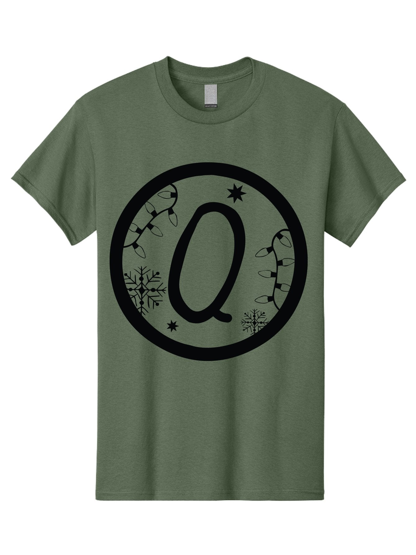 Q Men'S Graphic Tee, 100% Cotton, Comfortable Casual Summer Wear, Machine Washable, Christmas Decorations, Holiday Lights, Festive Snowflakes, Winter Wonderland, Black And Green Theme, Letter Q, Christmas Ornaments, Seasonal Design Aad111 5