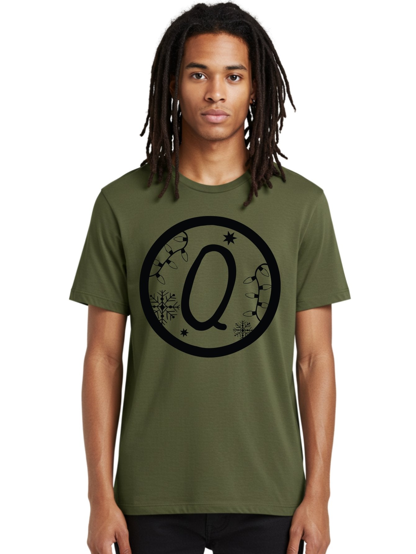 Q Men'S Graphic Tee, 100% Cotton, Comfortable Casual Summer Wear, Machine Washable, Christmas Decorations, Holiday Lights, Festive Snowflakes, Winter Wonderland, Black And Green Theme, Letter Q, Christmas Ornaments, Seasonal Design Aad111 23