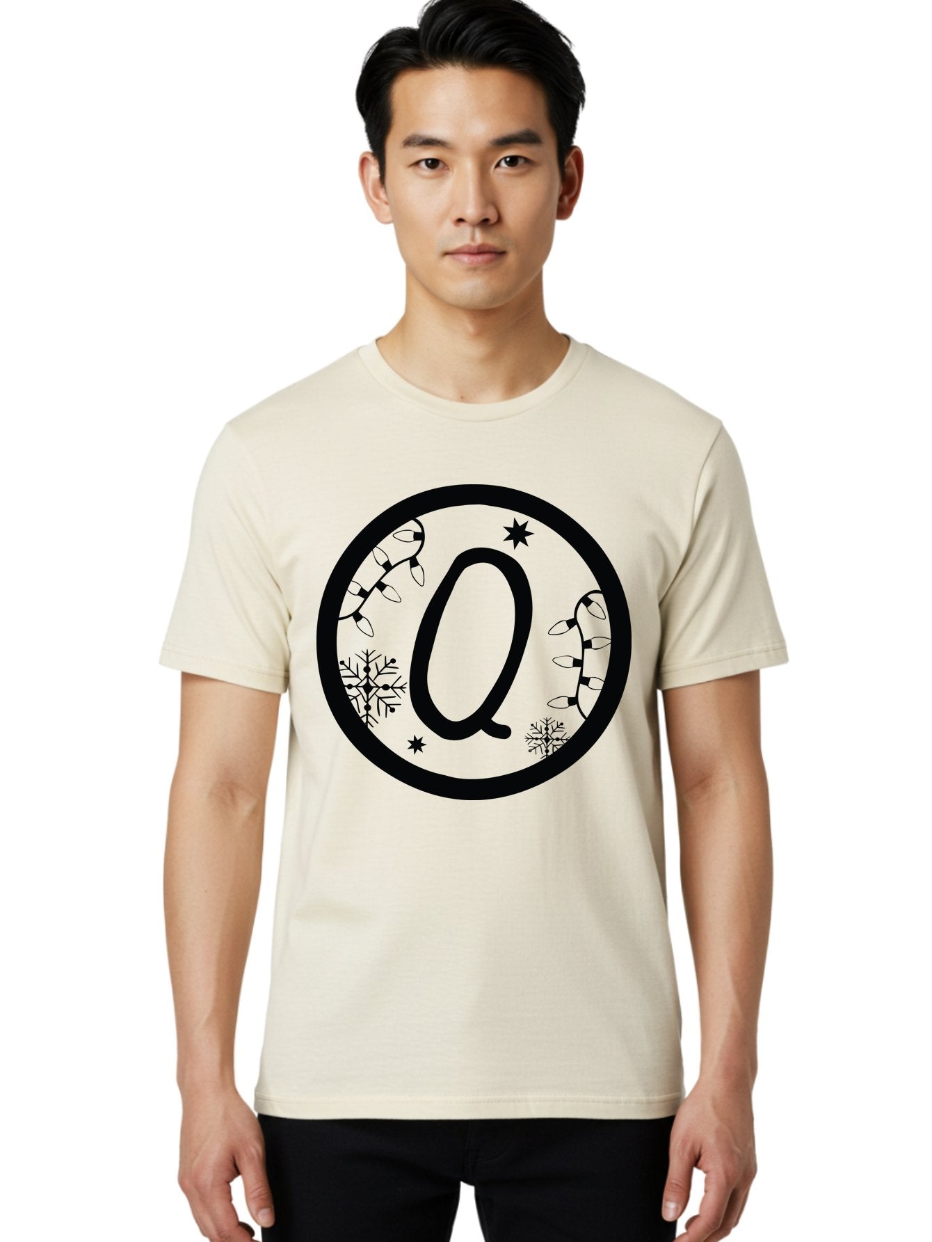 Q Men'S Graphic Tee, 100% Cotton, Comfortable Casual Summer Wear, Machine Washable, Christmas Decorations, Holiday Lights, Festive Snowflakes, Winter Wonderland, Black And Green Theme, Letter Q, Christmas Ornaments, Seasonal Design Aad111 28