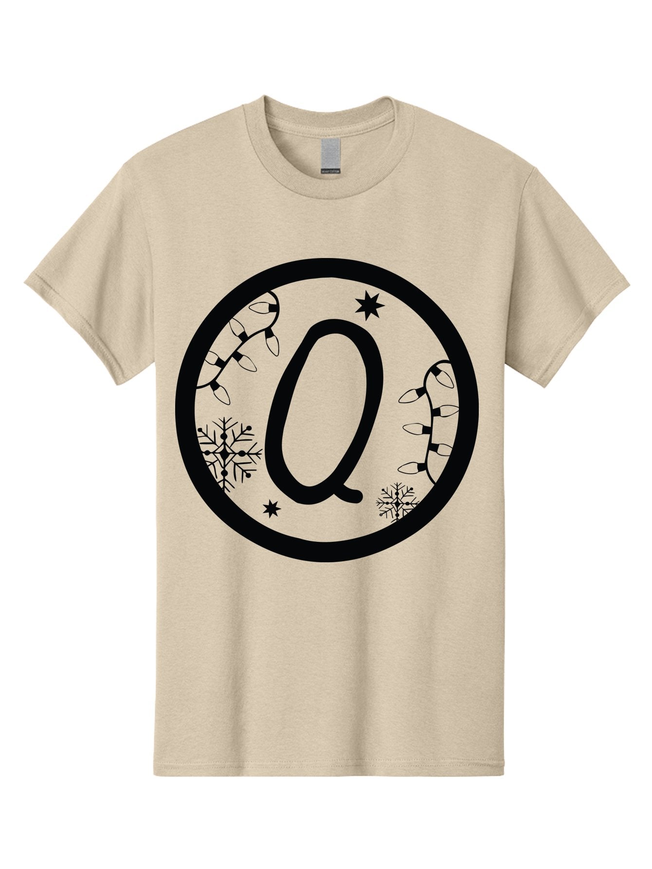 Q Men'S Graphic Tee, 100% Cotton, Comfortable Casual Summer Wear, Machine Washable, Christmas Decorations, Holiday Lights, Festive Snowflakes, Winter Wonderland, Black And Green Theme, Letter Q, Christmas Ornaments, Seasonal Design Aad111 13