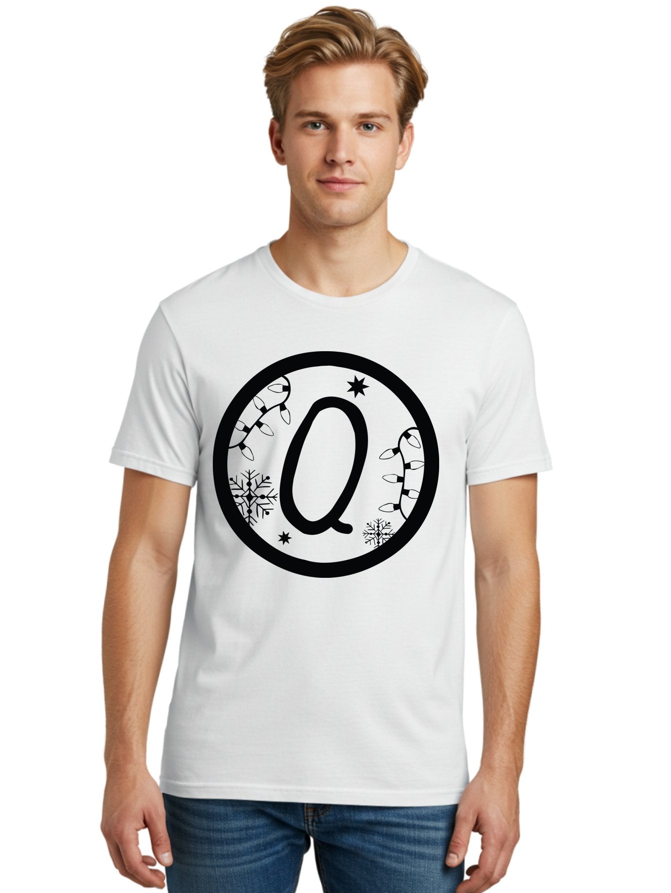 Q Men'S Graphic Tee, 100% Cotton, Comfortable Casual Summer Wear, Machine Washable, Christmas Decorations, Holiday Lights, Festive Snowflakes, Winter Wonderland, Black And Green Theme, Letter Q, Christmas Ornaments, Seasonal Design Aad111 17