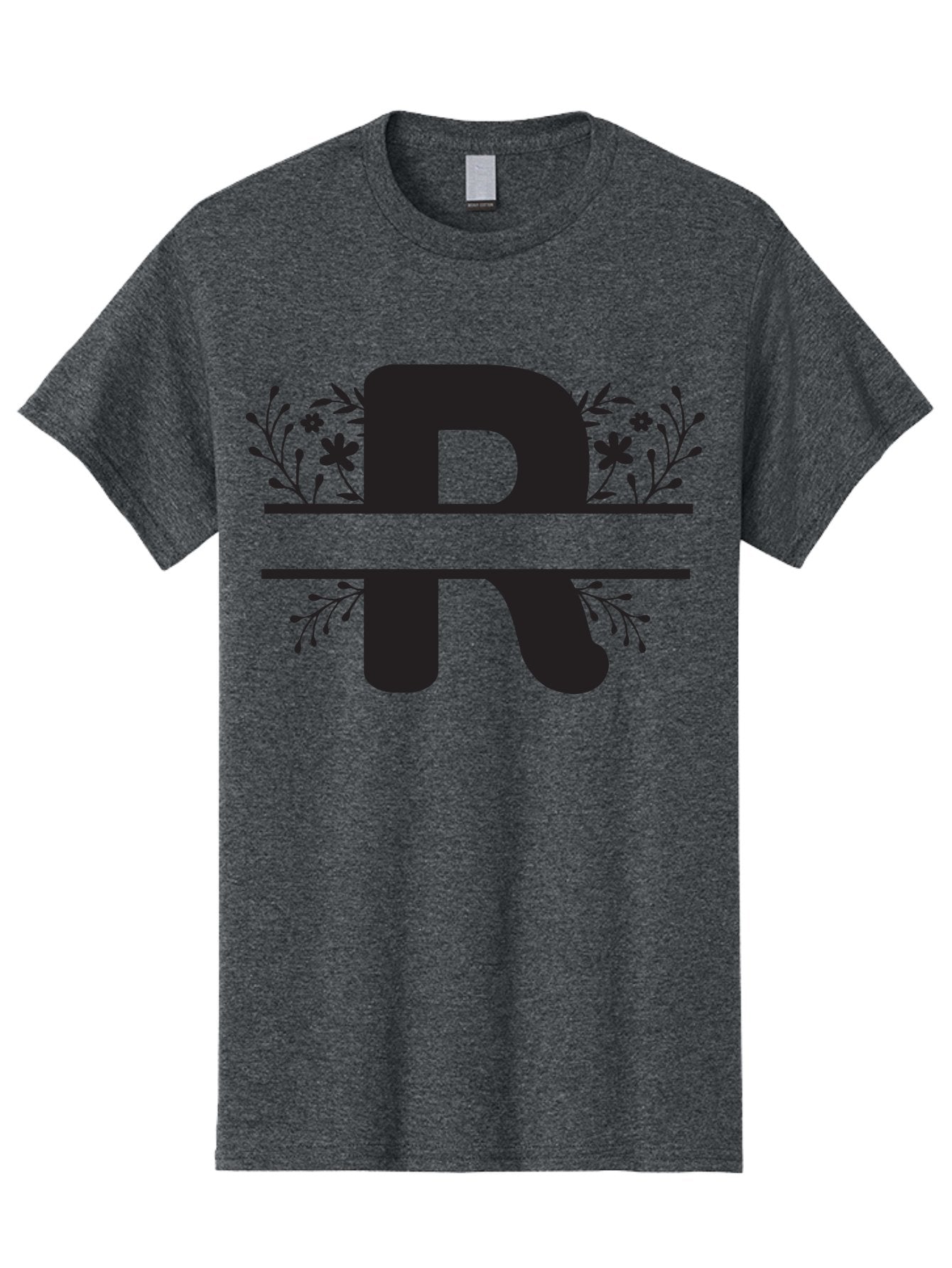 R Men'S Graphic Tee, 100% Cotton, Comfortable Casual Summer Wear, Machine Washable, Stylized Letter R, Floral Design, Black Lettering, Decorative Elements, Flowers And Leaves, Elegant Typography, Sophisticated Graphics Aad112