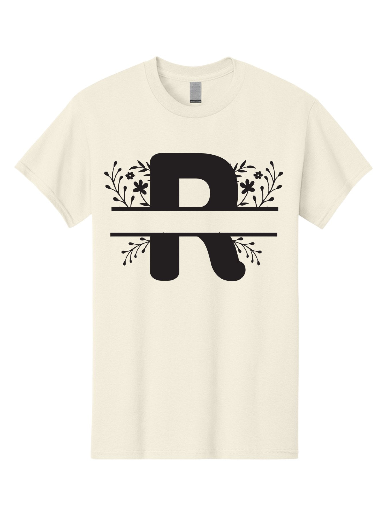 R Men'S Graphic Tee, 100% Cotton, Comfortable Casual Summer Wear, Machine Washable, Stylized Letter R, Floral Design, Black Lettering, Decorative Elements, Flowers And Leaves, Elegant Typography, Sophisticated Graphics Aad112 11