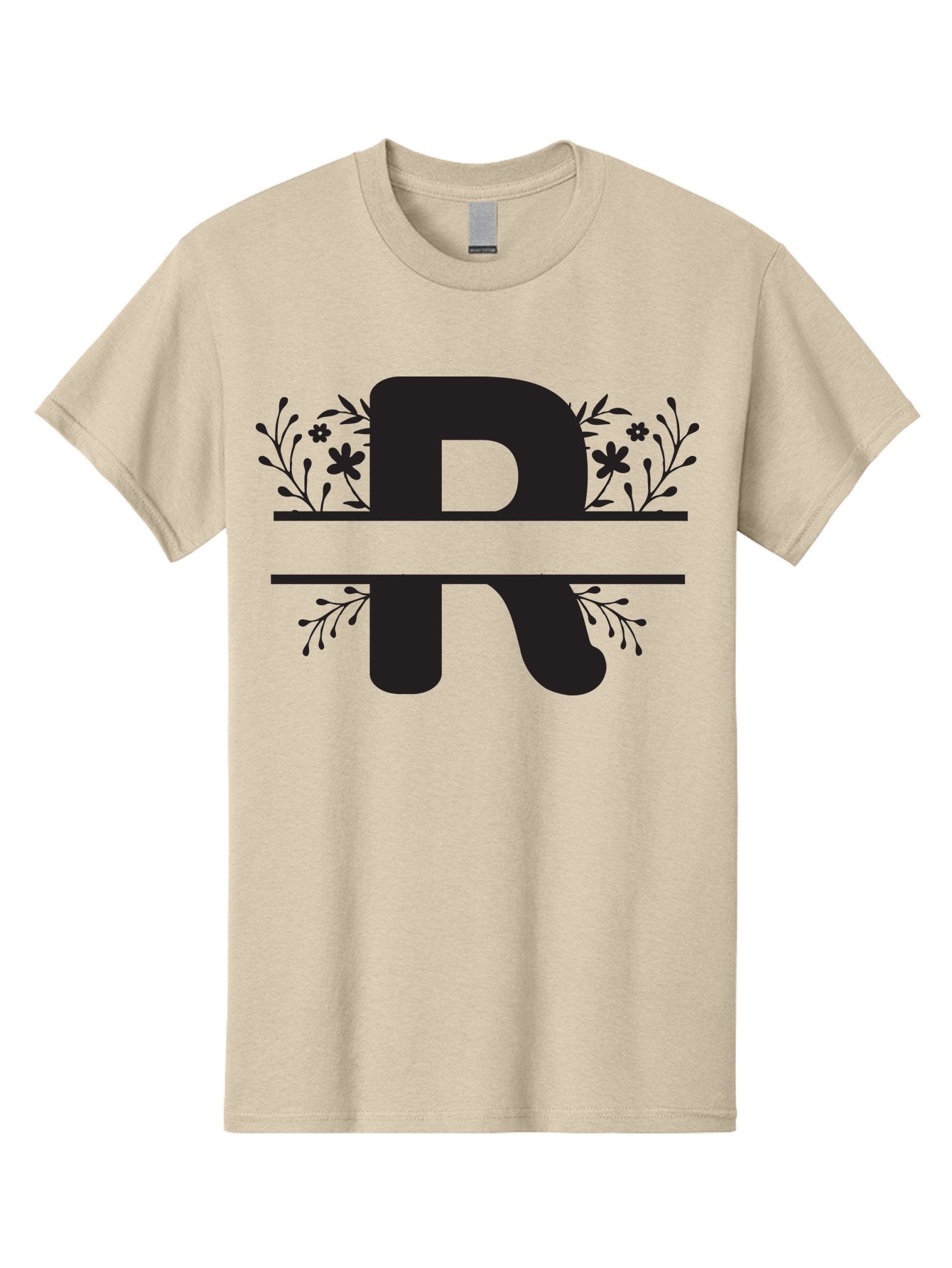 R Men'S Graphic Tee, 100% Cotton, Comfortable Casual Summer Wear, Machine Washable, Stylized Letter R, Floral Design, Black Lettering, Decorative Elements, Flowers And Leaves, Elegant Typography, Sophisticated Graphics Aad112 9