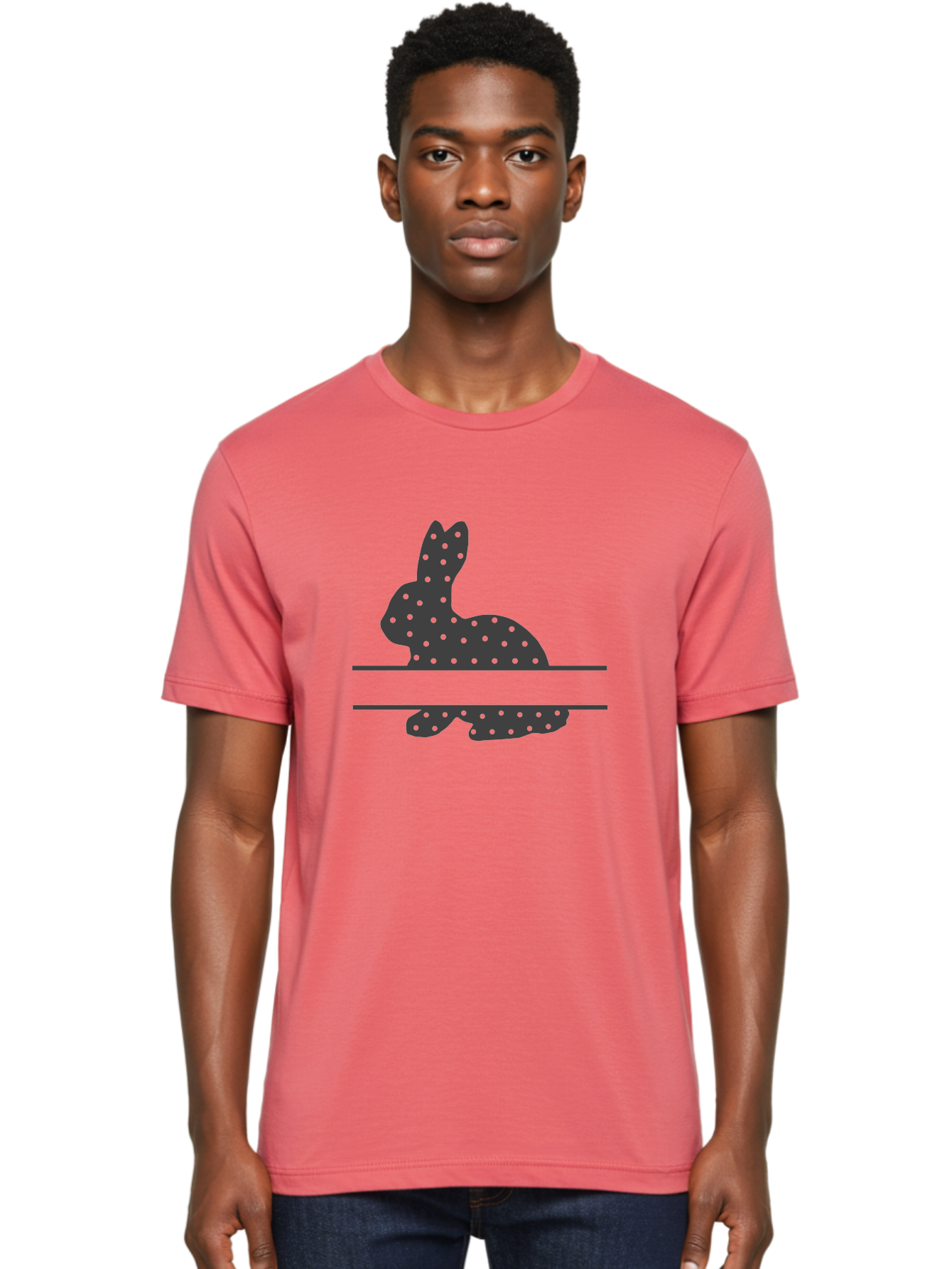 Rabbit-Silhouette-With-Dots Men'S Graphic Tee, 100% Cotton, Comfortable Casual Summer Wear, Machine Washable, Rabbit Silhouette, Black Silhouette, Polka Dot Pattern, Reflection Effect, Mirrored Image, Modern Art, Minimalist Design, Cute Bunny Aad113 24