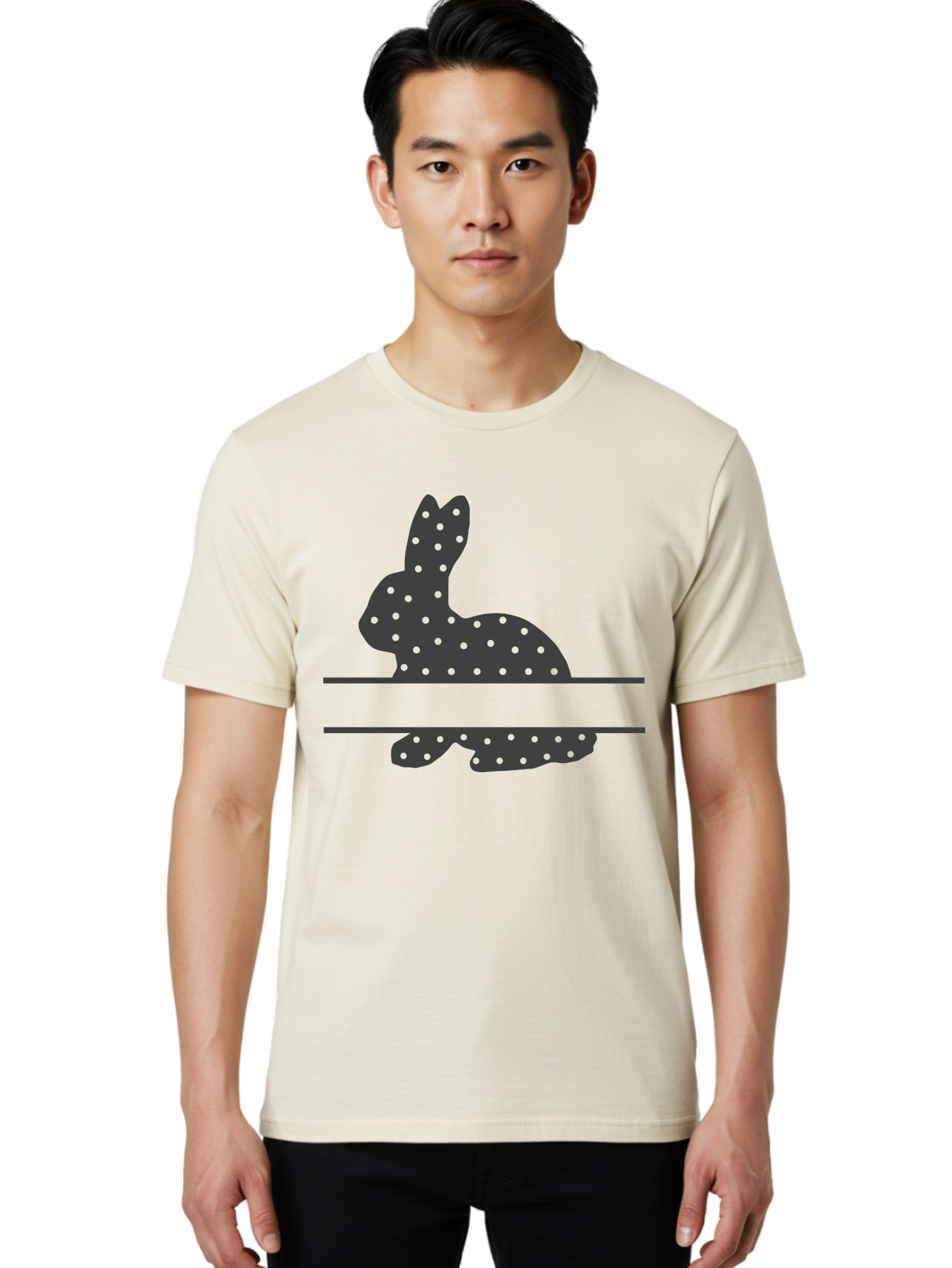 Rabbit-Silhouette-With-Dots Men'S Graphic Tee, 100% Cotton, Comfortable Casual Summer Wear, Machine Washable, Rabbit Silhouette, Black Silhouette, Polka Dot Pattern, Reflection Effect, Mirrored Image, Modern Art, Minimalist Design, Cute Bunny Aad113 20