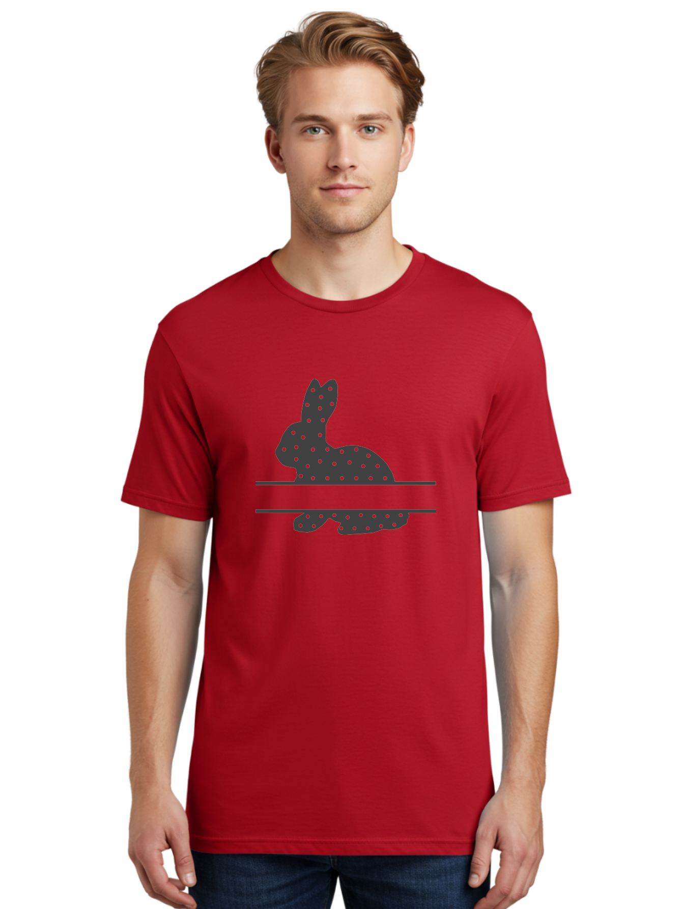 Rabbit-Silhouette-With-Dots Men'S Graphic Tee, 100% Cotton, Comfortable Casual Summer Wear, Machine Washable, Rabbit Silhouette, Black Silhouette, Polka Dot Pattern, Reflection Effect, Mirrored Image, Modern Art, Minimalist Design, Cute Bunny Aad113 16