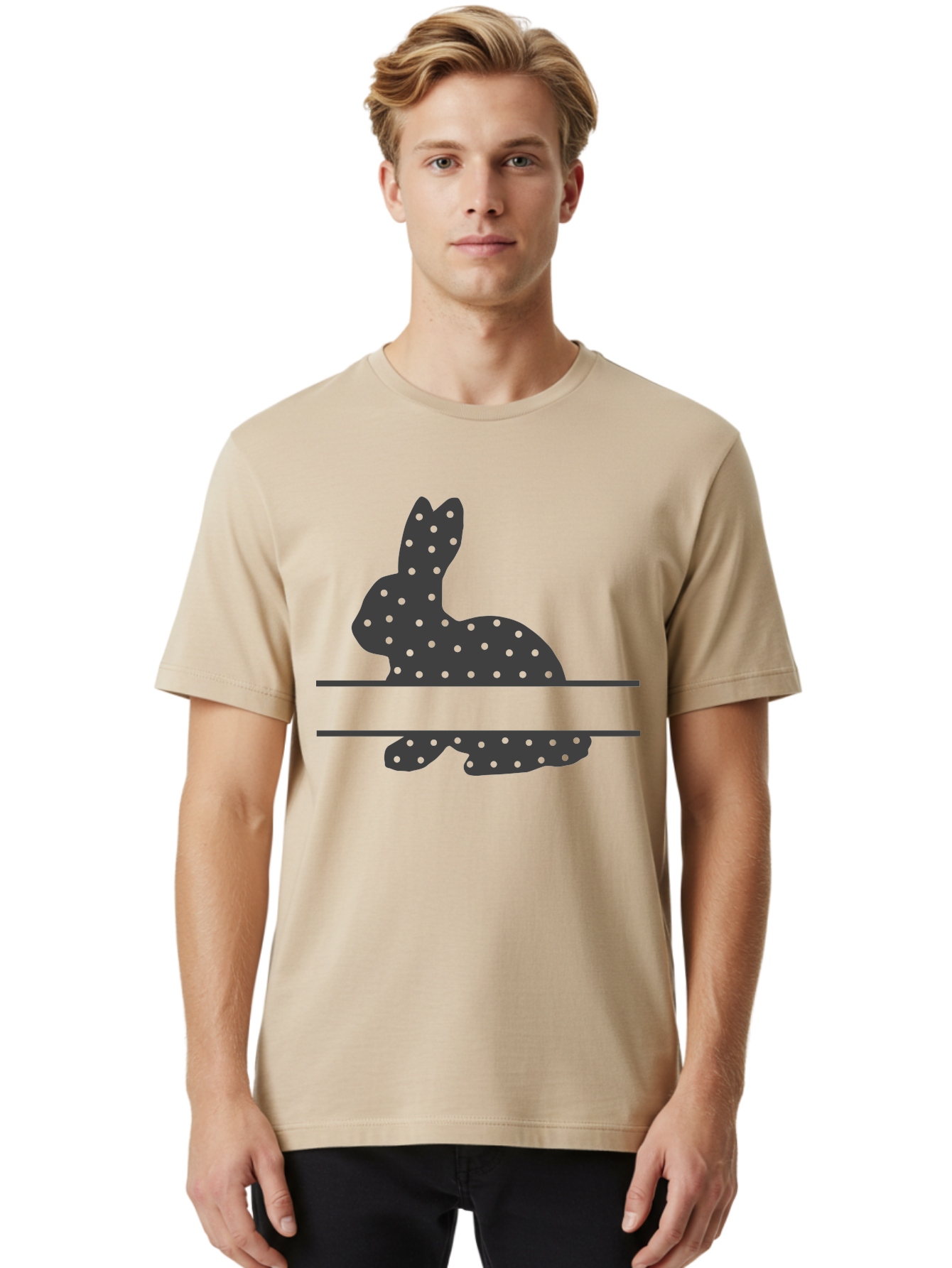 Rabbit-Silhouette-With-Dots Men'S Graphic Tee, 100% Cotton, Comfortable Casual Summer Wear, Machine Washable, Rabbit Silhouette, Black Silhouette, Polka Dot Pattern, Reflection Effect, Mirrored Image, Modern Art, Minimalist Design, Cute Bunny Aad113 26