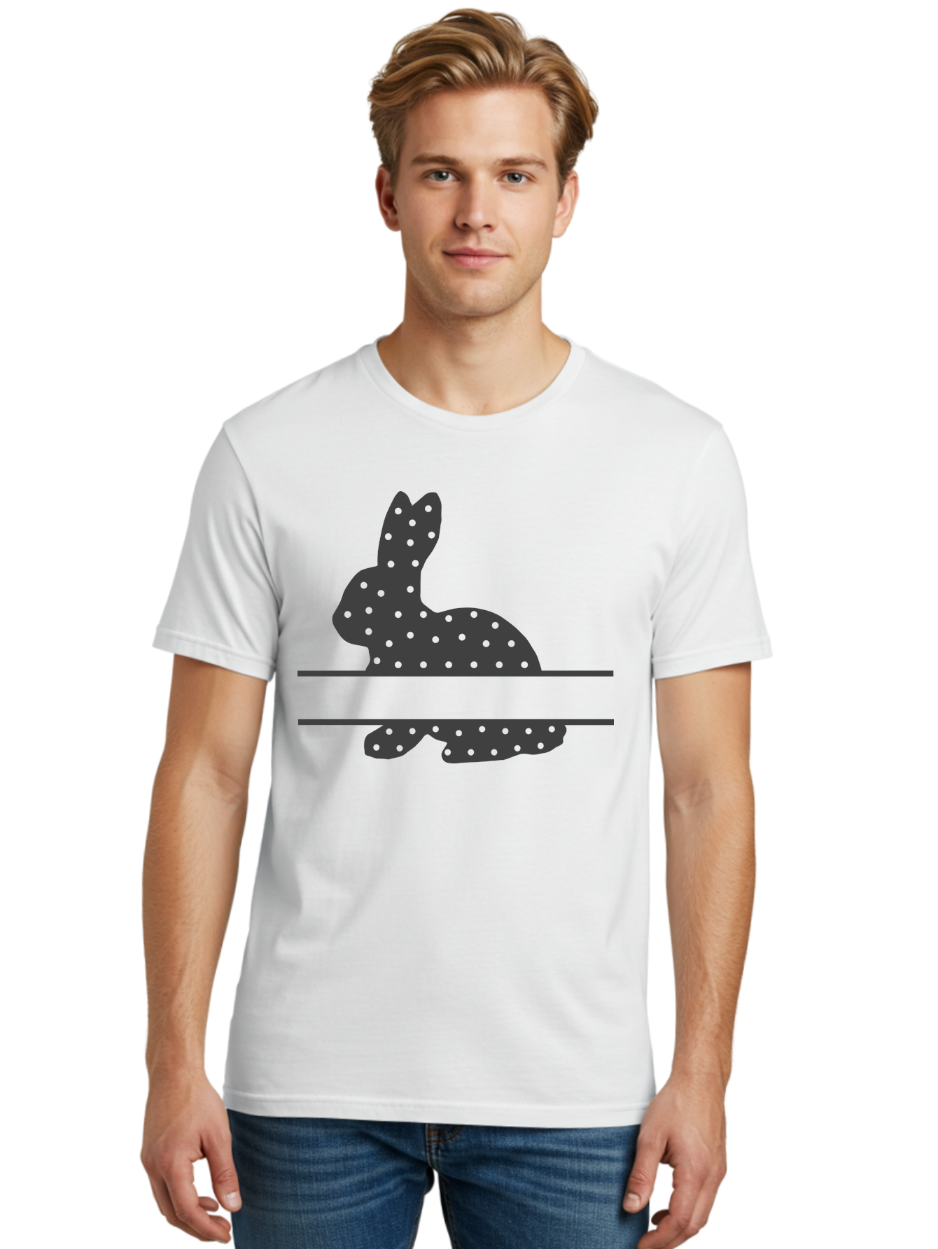 Rabbit-Silhouette-With-Dots Men'S Graphic Tee, 100% Cotton, Comfortable Casual Summer Wear, Machine Washable, Rabbit Silhouette, Black Silhouette, Polka Dot Pattern, Reflection Effect, Mirrored Image, Modern Art, Minimalist Design, Cute Bunny Aad113 6