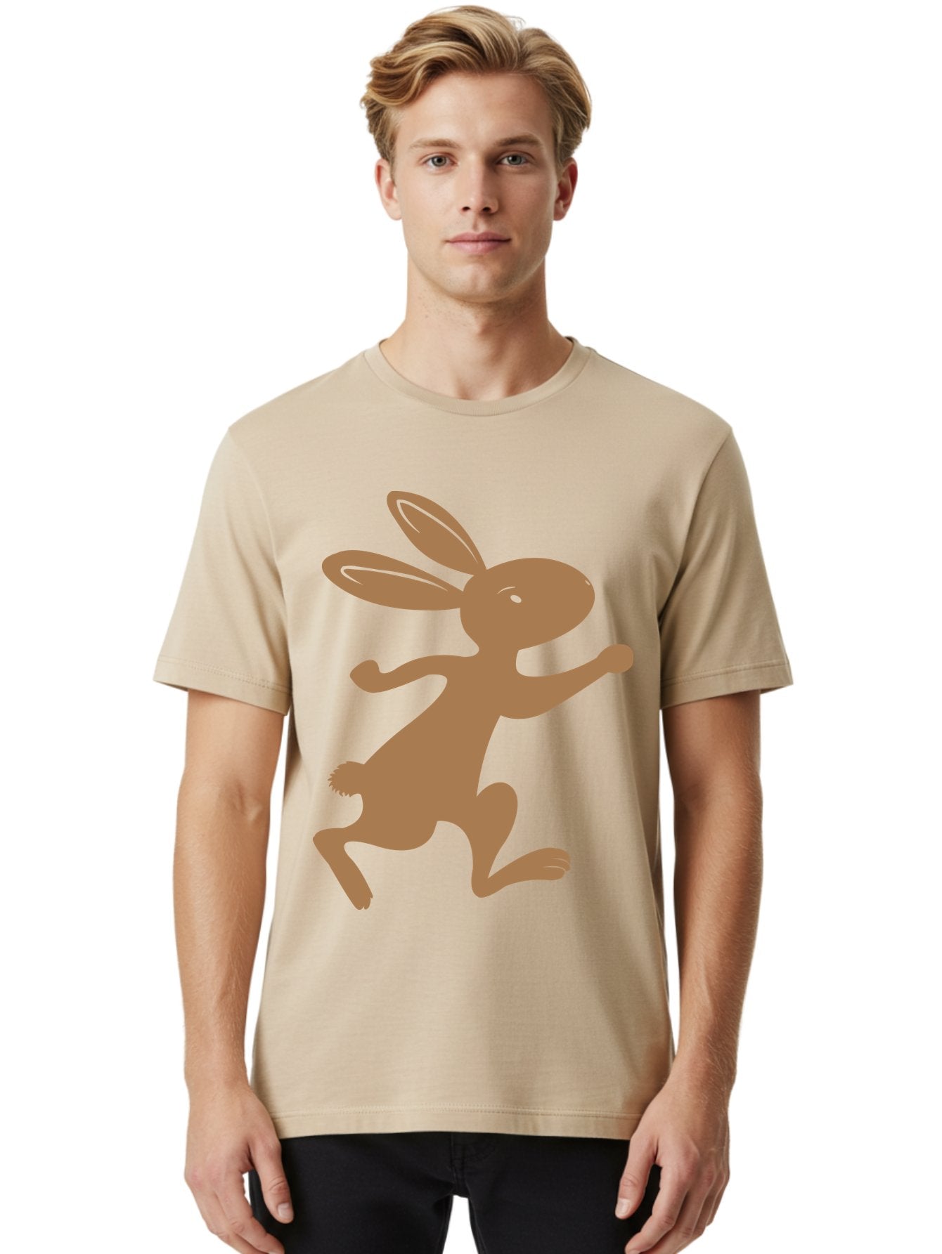 Rabbit Men'S Graphic Tee, 100% Cotton, Comfortable Casual Summer Wear, Machine Washable, Cartoon Rabbit, Jumping Rabbit, Brown Rabbit, Playful Pose, Cute Illustration, Simple Design, Whimsical Art, Cartoon Character, Funny Rabbit Aad115 25