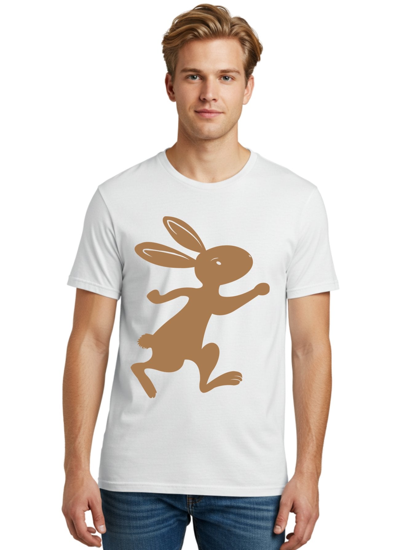 Rabbit Men'S Graphic Tee, 100% Cotton, Comfortable Casual Summer Wear, Machine Washable, Cartoon Rabbit, Jumping Rabbit, Brown Rabbit, Playful Pose, Cute Illustration, Simple Design, Whimsical Art, Cartoon Character, Funny Rabbit Aad115 28