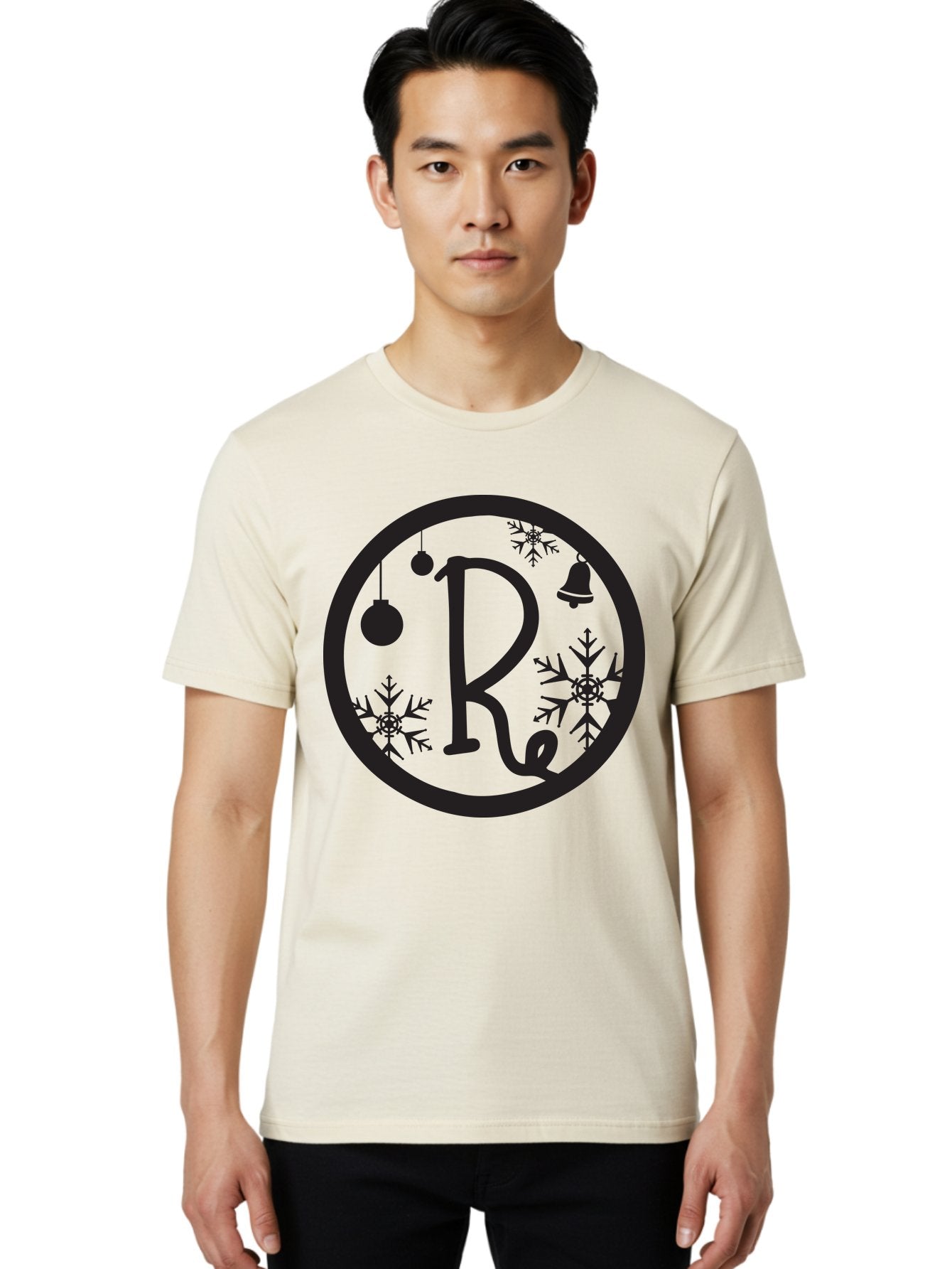 Re Men'S Graphic Tee, 100% Cotton, Comfortable Casual Summer Wear, Machine Washable, Black Logo, Christmas Decorations, Snowflakes, Hanging Ornaments, Festive Bell, Winter Wonderland, Holiday Theme, Circular Design Aad117 28