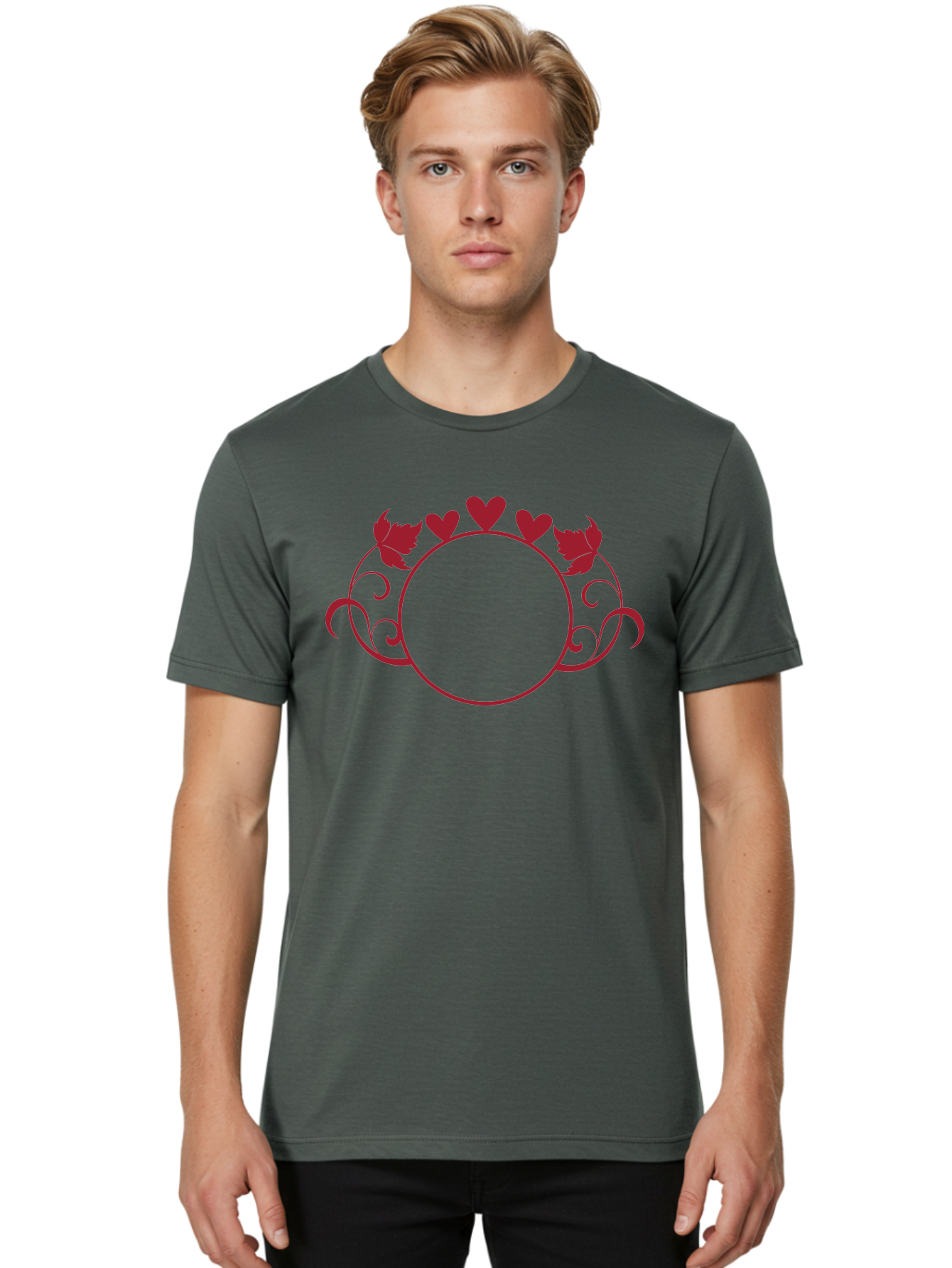 Red-Heart-Border Men'S Graphic Tee, 100% Cotton, Comfortable Casual Summer Wear, Machine Washable, Red Hearts, Red Leaves, Circular Frame, Decorative Border, Elegant Design, Valentines Day Theme, Floral Pattern, Whimsical Elements, Aad119 18