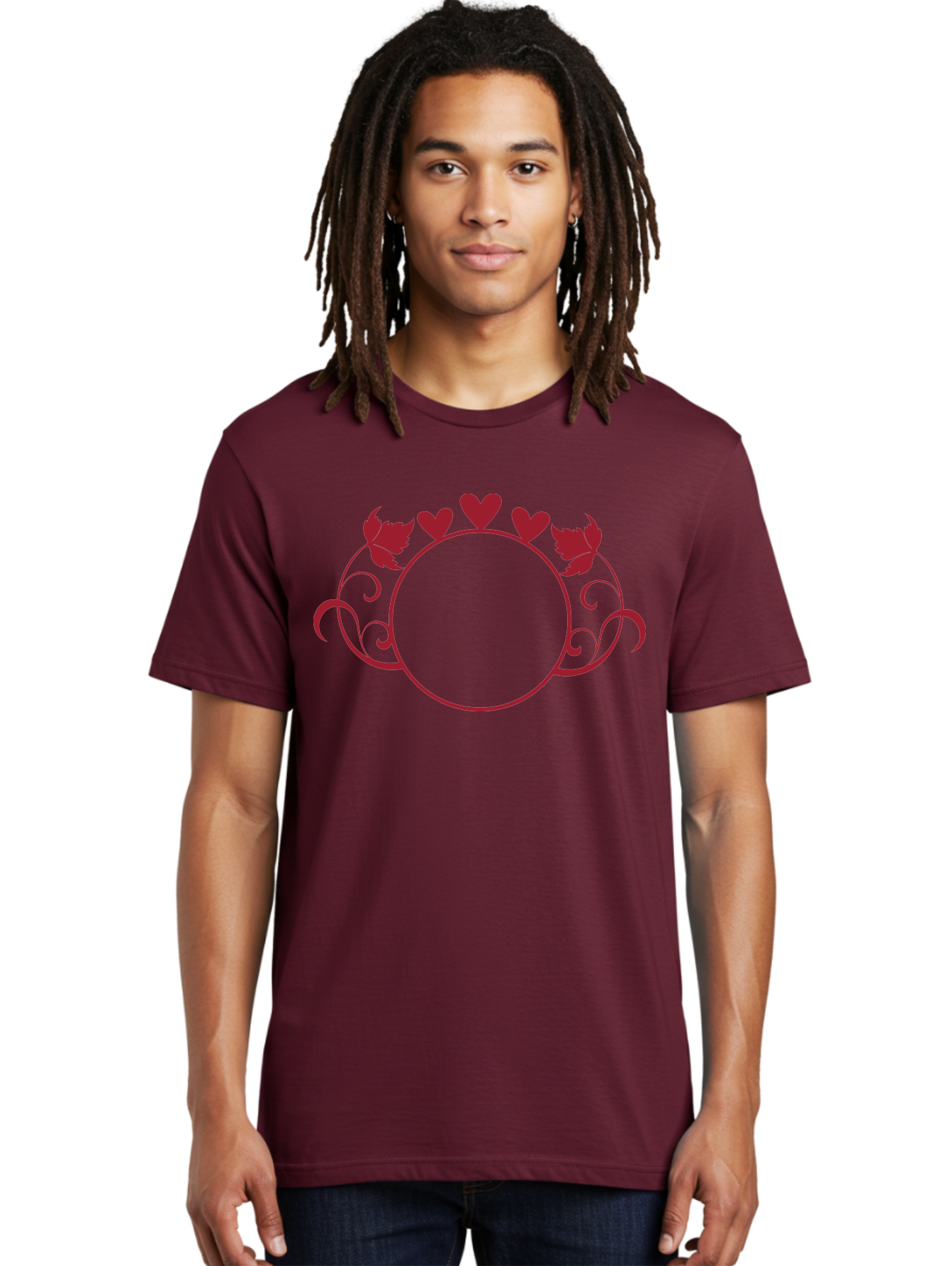 Red-Heart-Border Men'S Graphic Tee, 100% Cotton, Comfortable Casual Summer Wear, Machine Washable, Red Hearts, Red Leaves, Circular Frame, Decorative Border, Elegant Design, Valentines Day Theme, Floral Pattern, Whimsical Elements, Aad119
