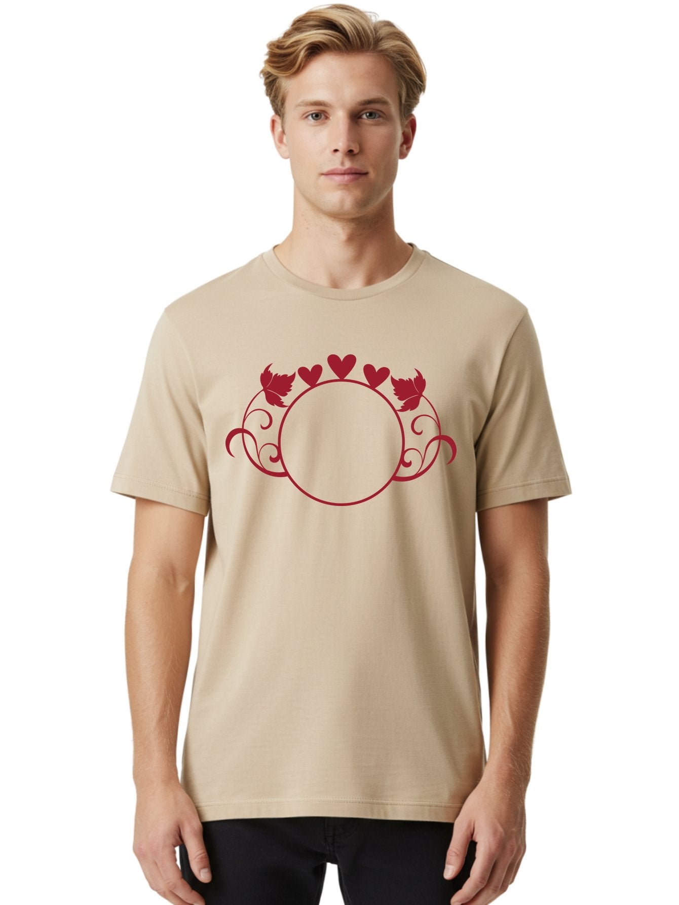 Red-Heart-Border Men'S Graphic Tee, 100% Cotton, Comfortable Casual Summer Wear, Machine Washable, Red Hearts, Red Leaves, Circular Frame, Decorative Border, Elegant Design, Valentines Day Theme, Floral Pattern, Whimsical Elements, Aad119 19