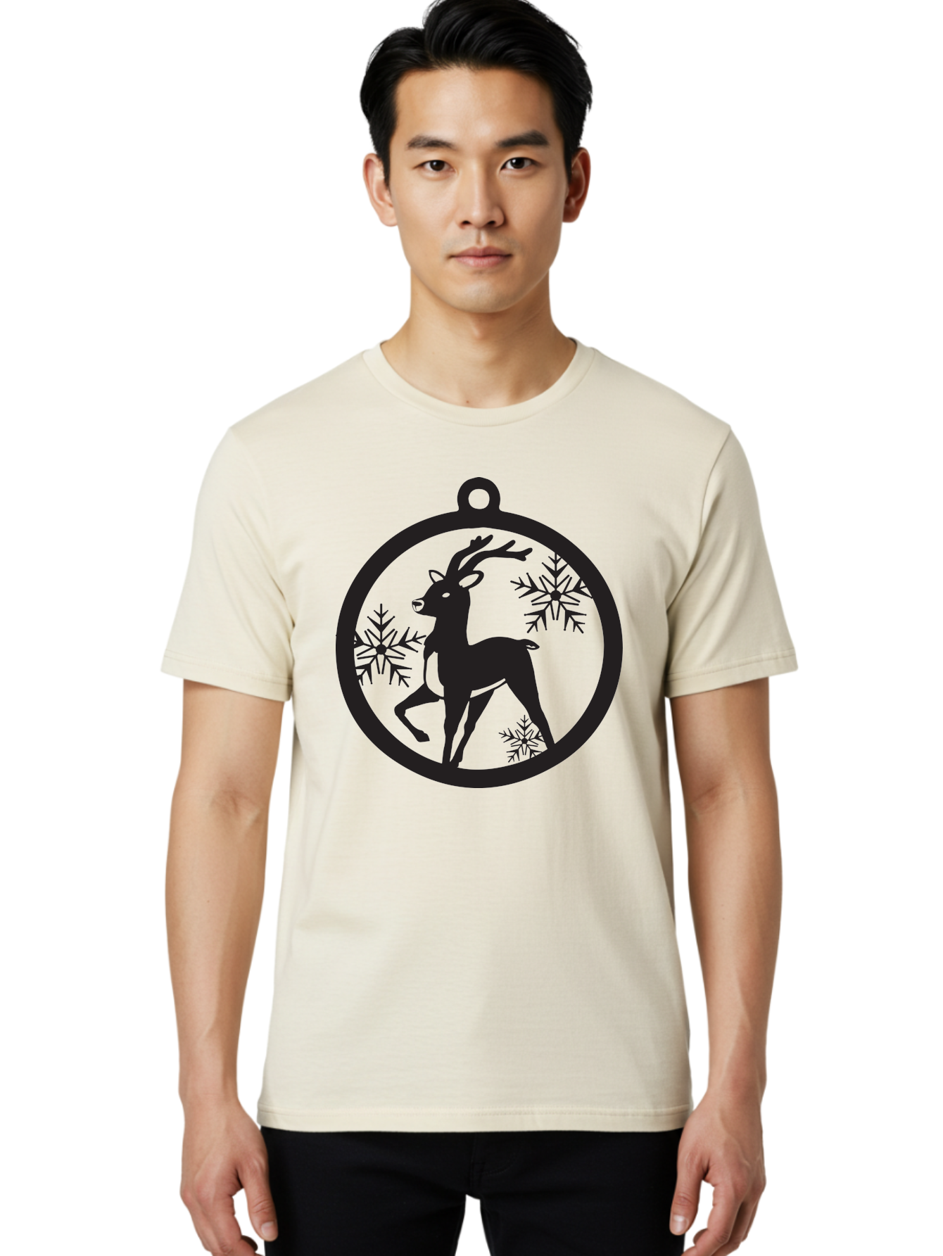 Reindeer-Ornament Men'S Graphic Tee, 100% Cotton, Comfortable Casual Summer Wear, Machine Washable, Reindeer Silhouette, Christmas Ornament Design, Snowflake Pattern, Festive Decor, Holiday Theme, Winter Decoration, Seasonal Charm, Aad122 28