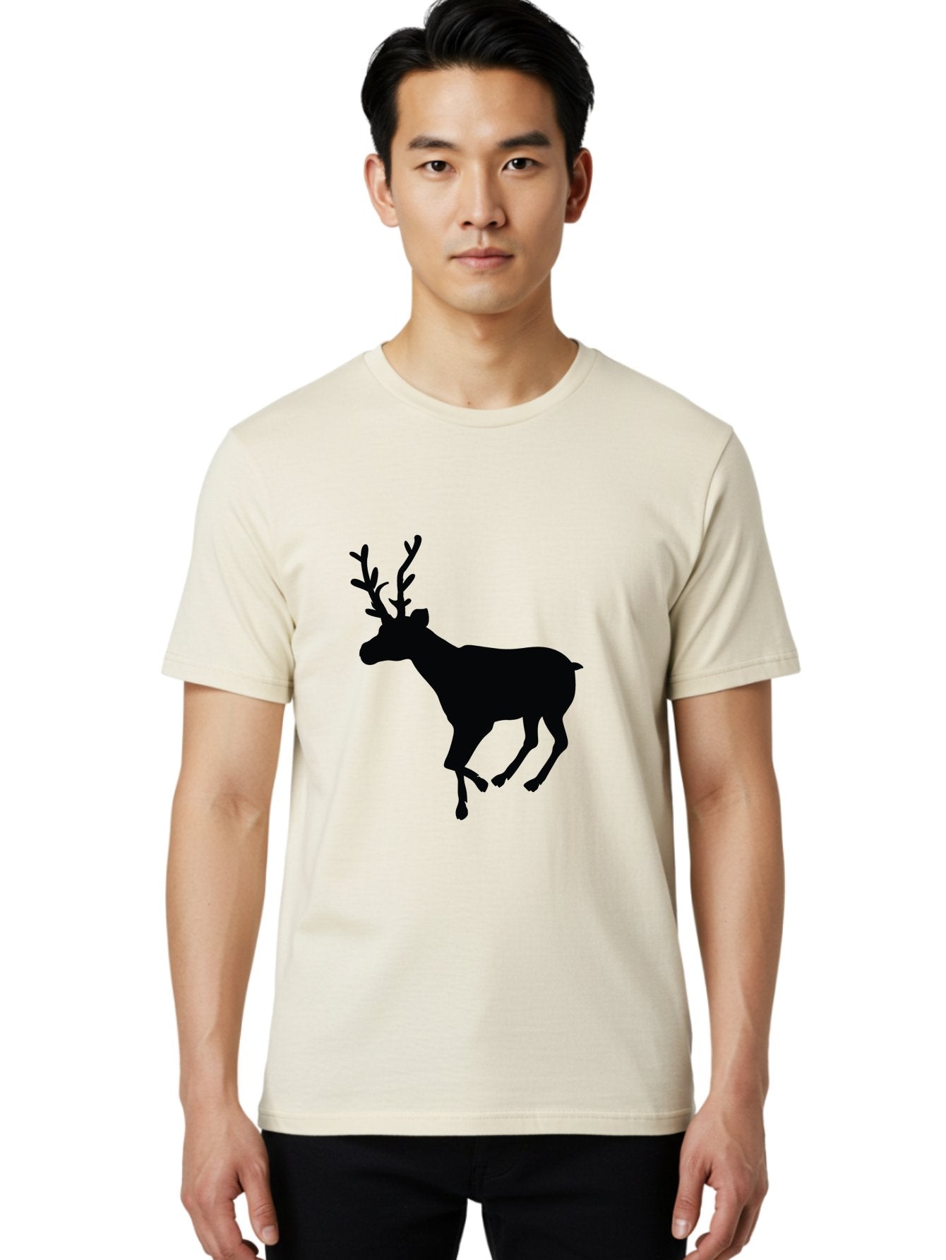 Reindeer-Silhouette Men'S Graphic Tee, 100% Cotton, Comfortable Casual Summer Wear, Machine Washable, Reindeer Silhouette, Deer Running, Antlered Animal, Wildlife Graphic, Festive Design, Winter Symbol, Holiday Icon, Minimalist Art Aad123 27
