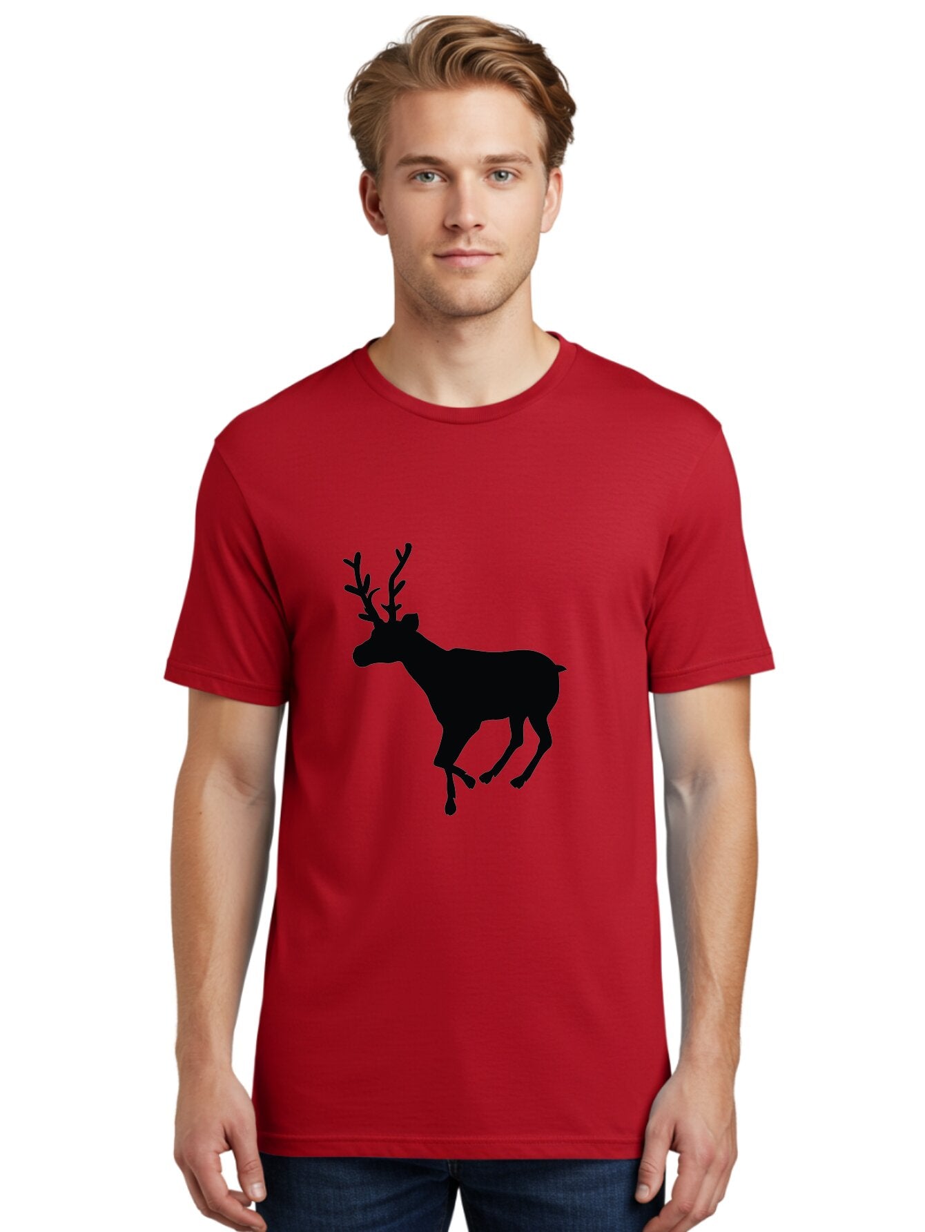 Reindeer-Silhouette Men'S Graphic Tee, 100% Cotton, Comfortable Casual Summer Wear, Machine Washable, Reindeer Silhouette, Deer Running, Antlered Animal, Wildlife Graphic, Festive Design, Winter Symbol, Holiday Icon, Minimalist Art Aad123 26